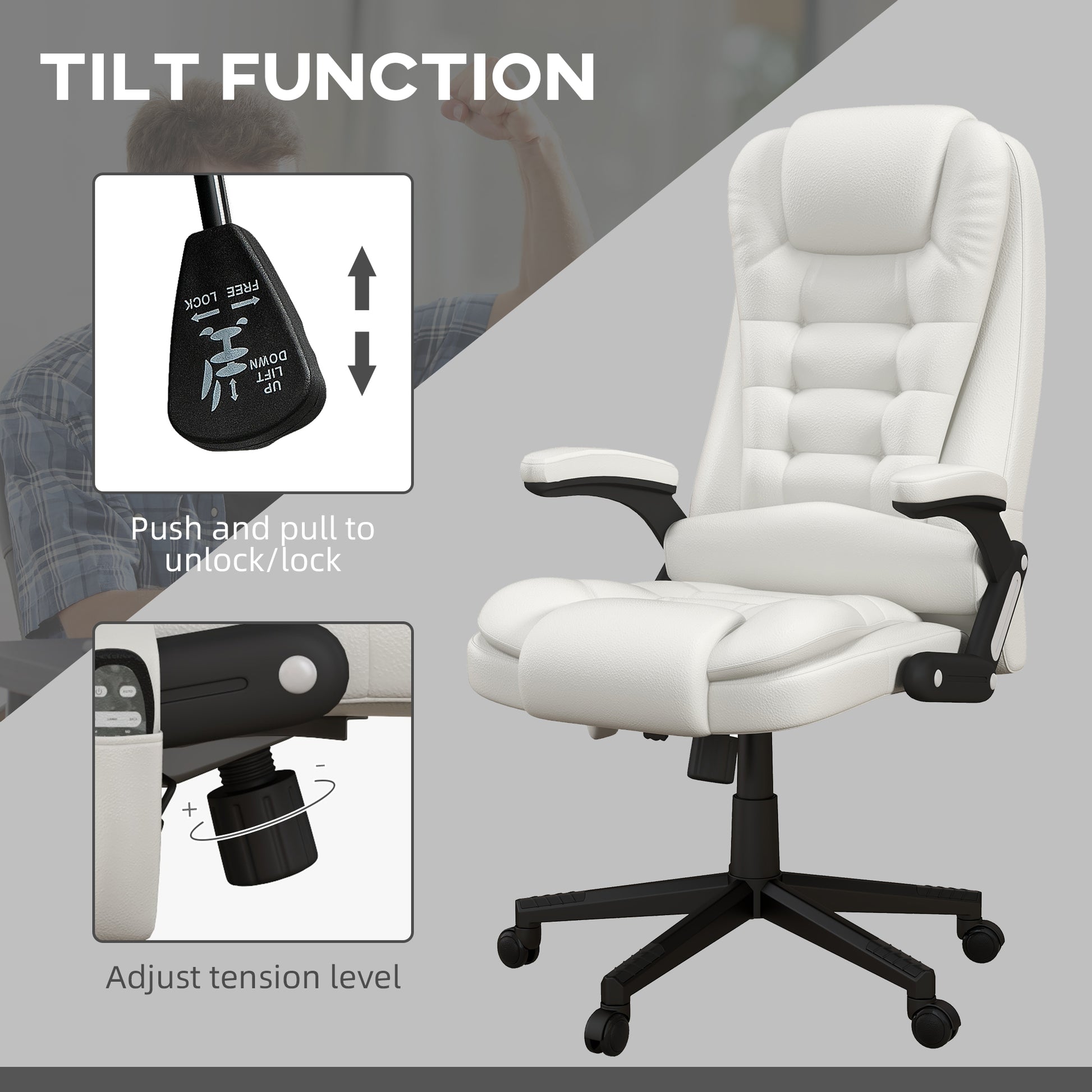 White leather executive chair with adjustable tilt function and padded armrests