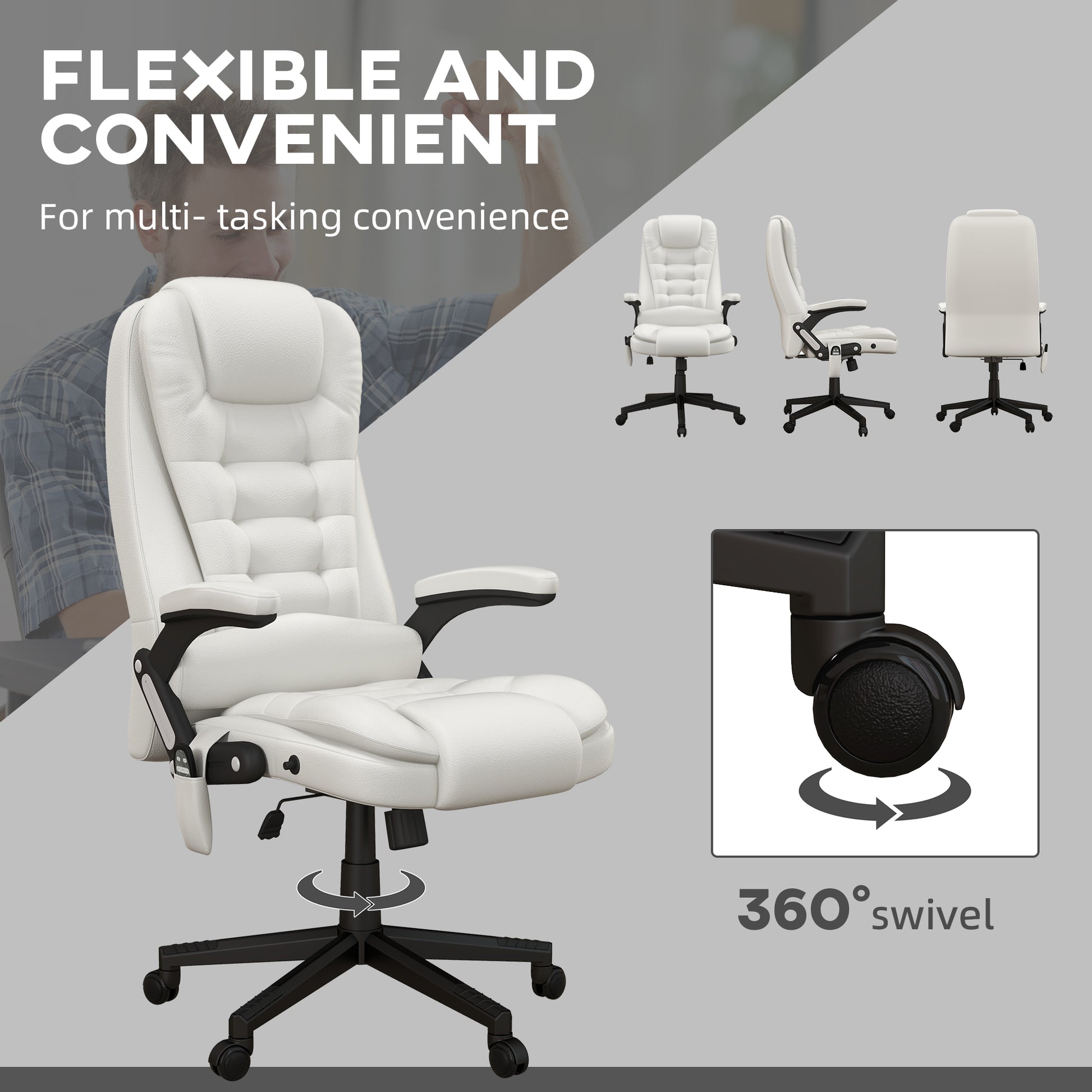 White executive office chair with tufted faux leather and adjustable armrests for comfort