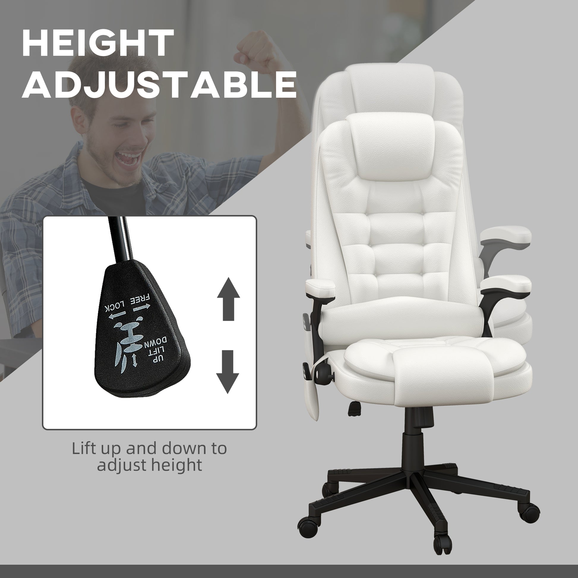 White executive office chair with adjustable height lever and padded headrest