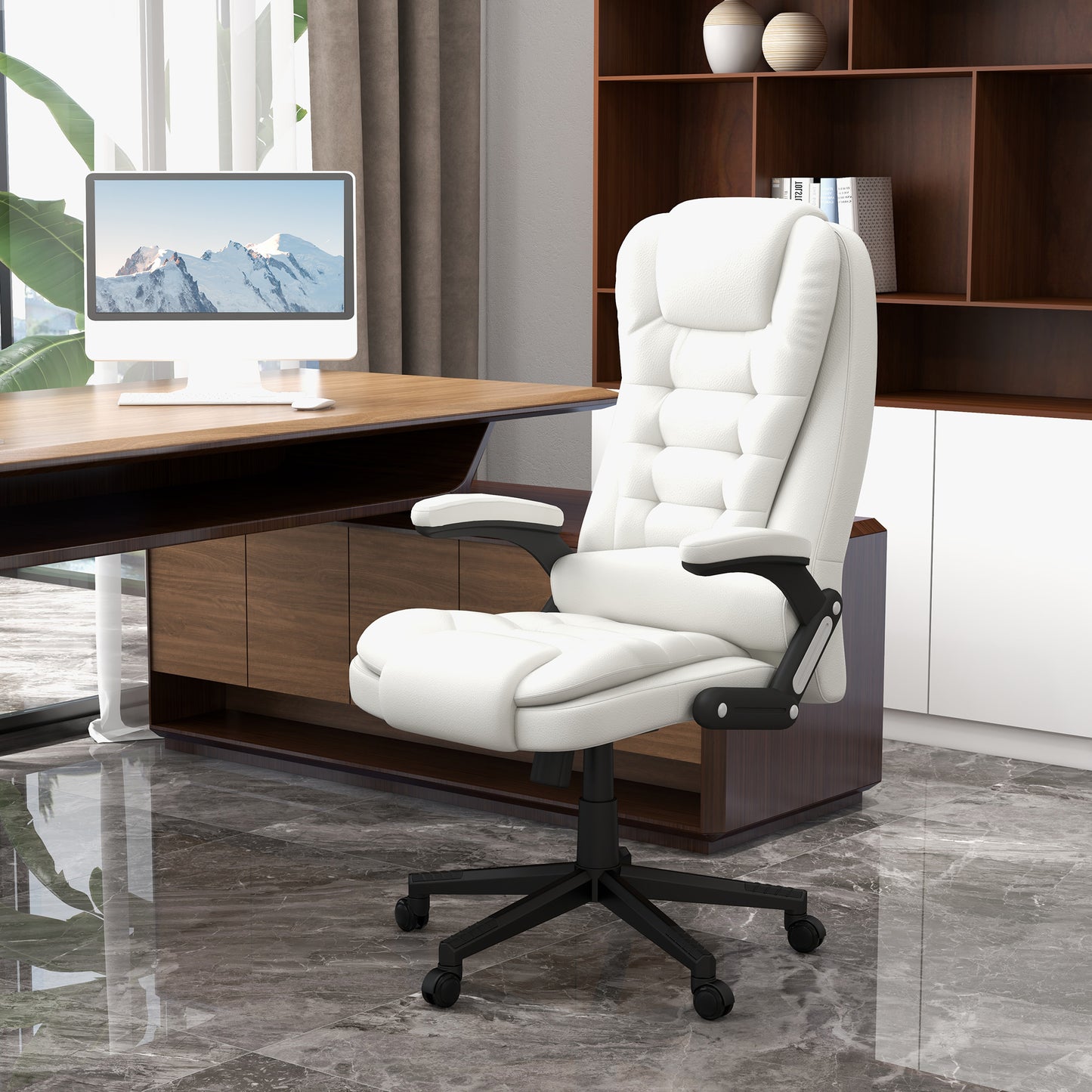 Padded white executive office chair with black accents and wheels