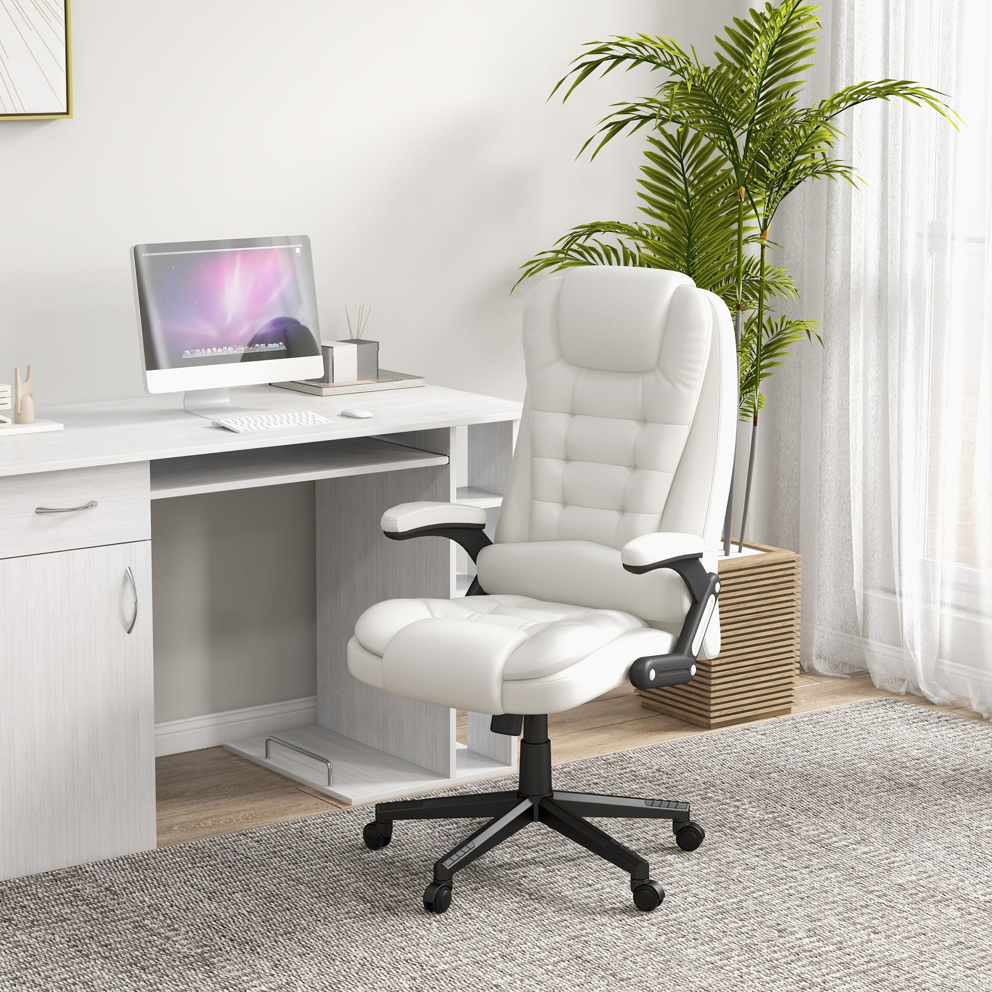 Plush white executive office chair with padded armrests and tufted seat for ergonomic comfort