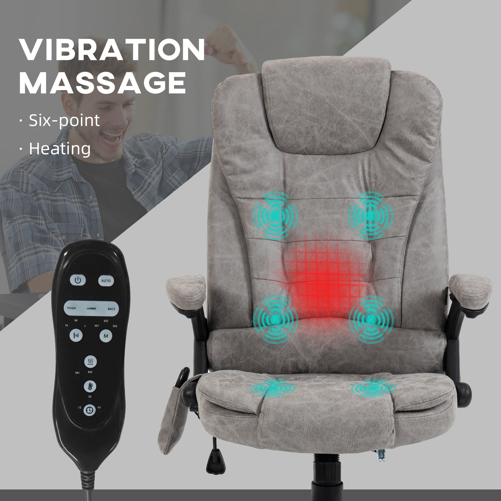Grey vibrating massage office chair with heating and remote control