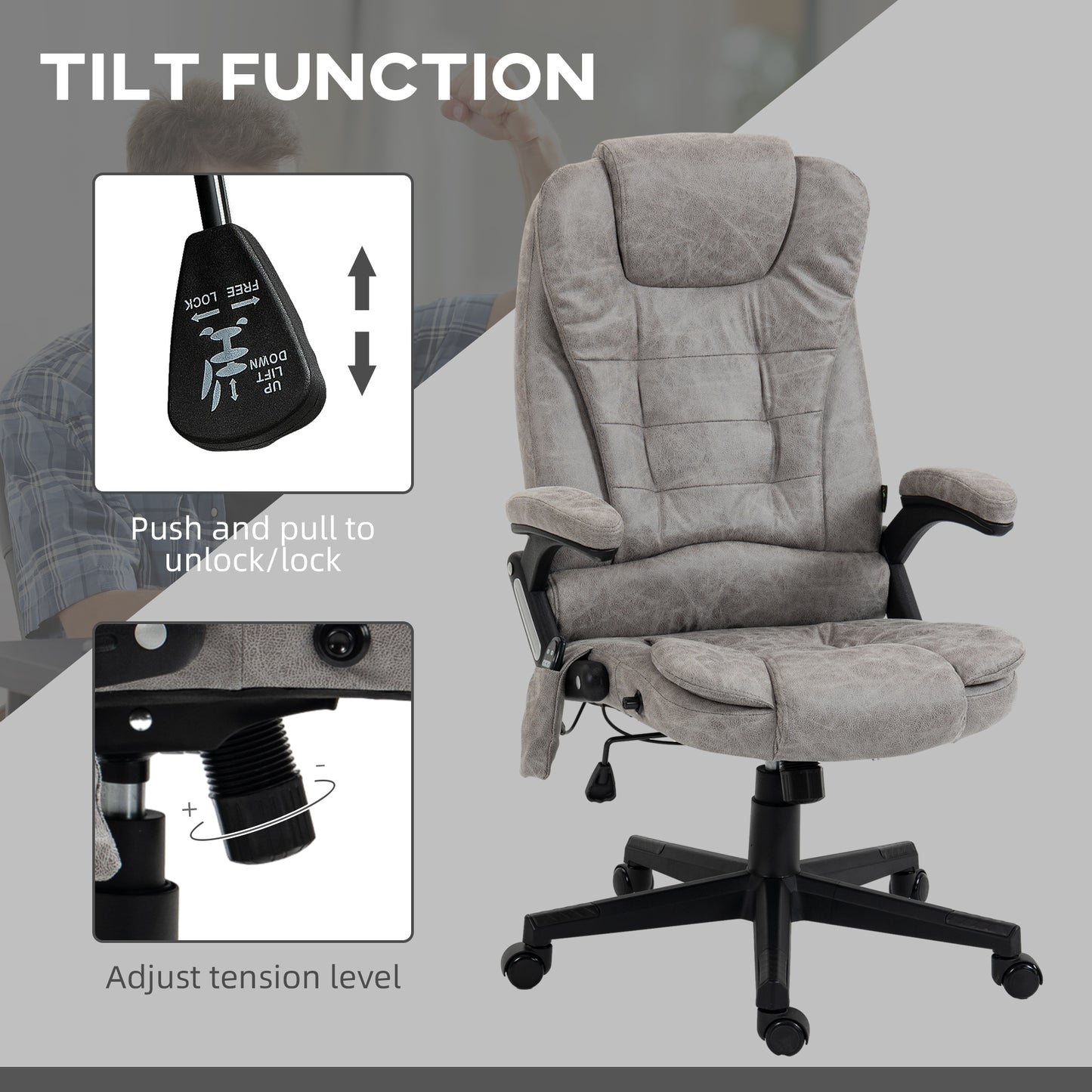 Gray ergonomic office chair with tilt function lever and tension adjustment knob