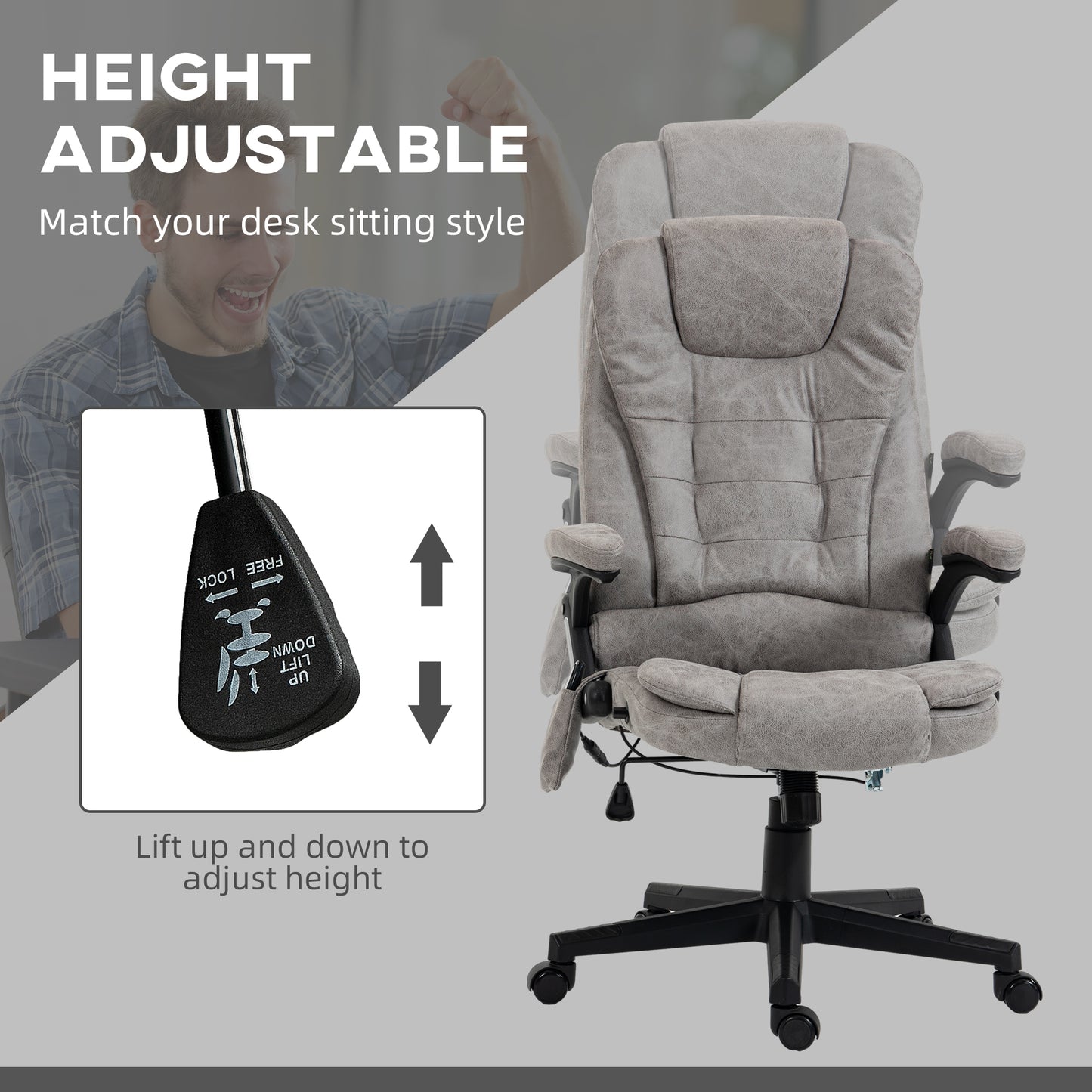 Gray executive office chair with adjustable height lever shown