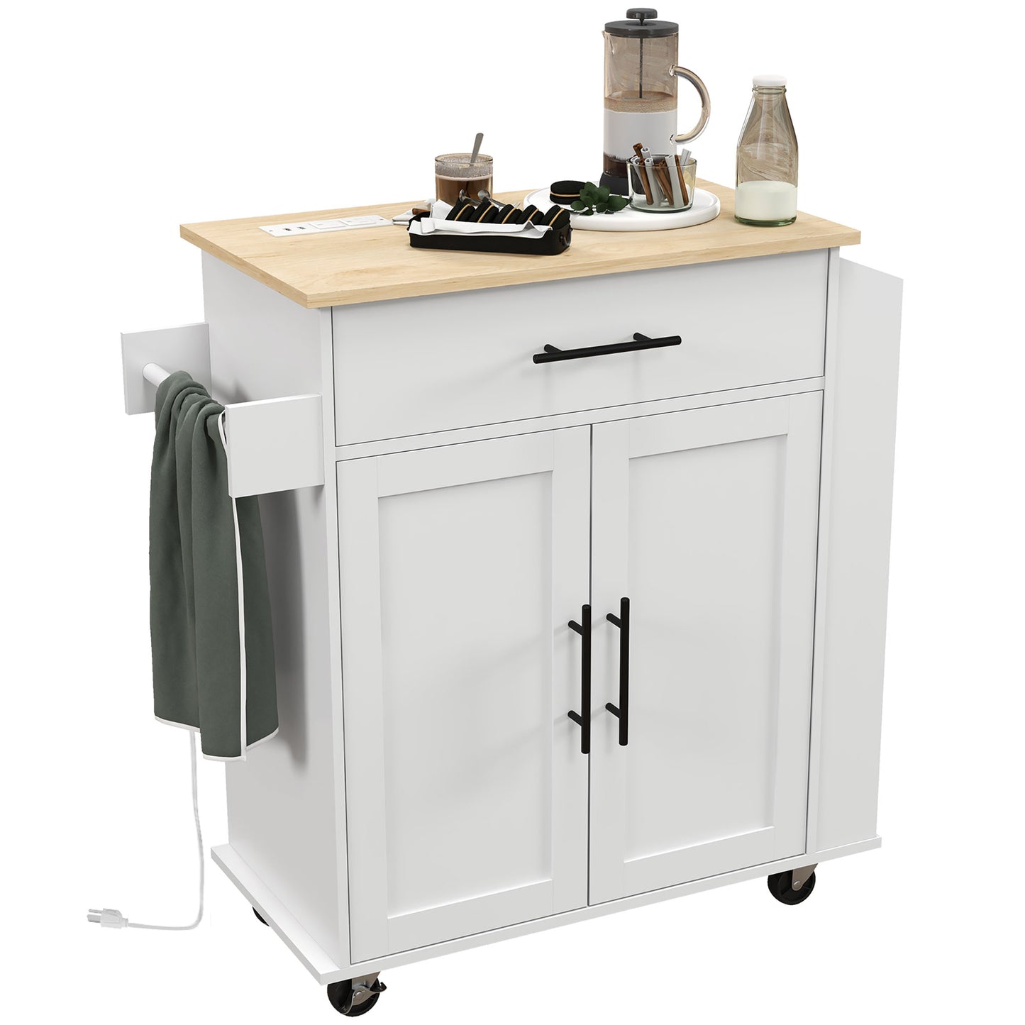 White kitchen cart with wooden top and integrated power strip