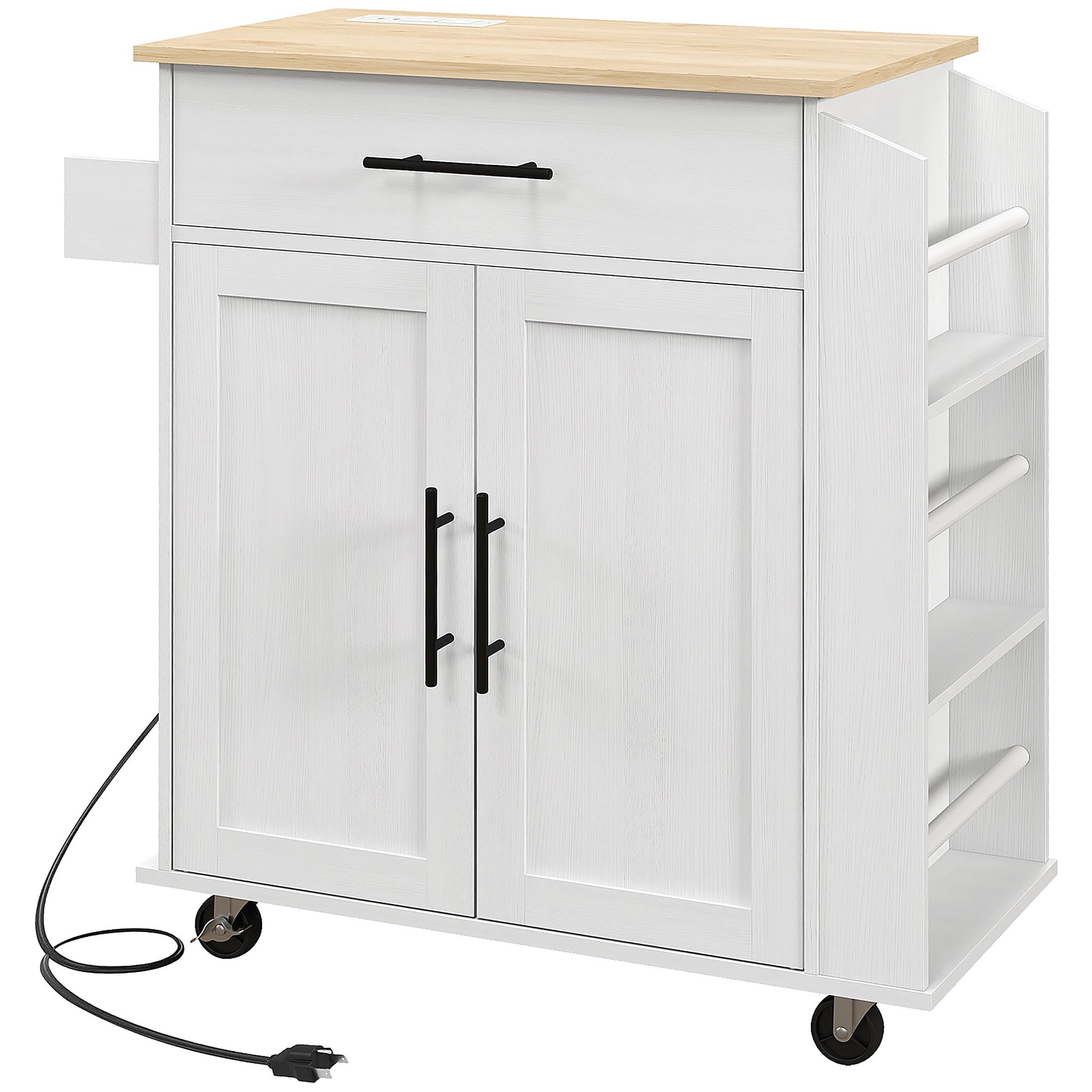 White kitchen island with a light oak top featuring black hardware and integrated power outlet