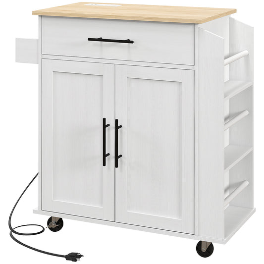 White kitchen island with a light oak top featuring black hardware and integrated power outlet