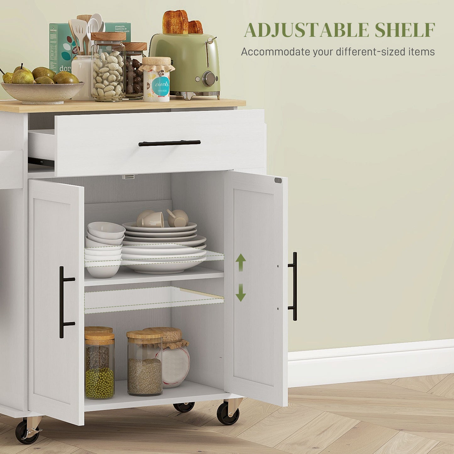 White kitchen cart with adjustable shelf top drawer and dual cabinet doors for storage