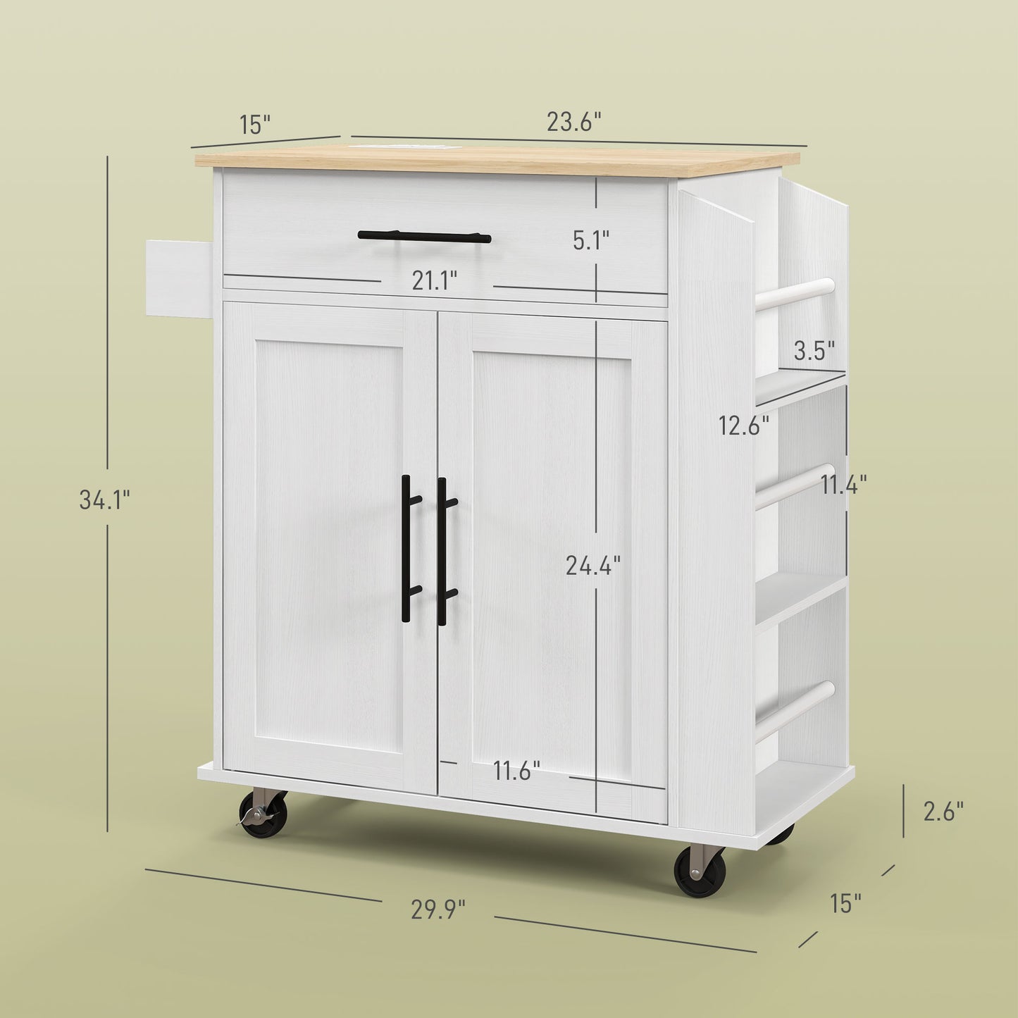 White kitchen island cart with butcher block top and black hardware Versatile cart