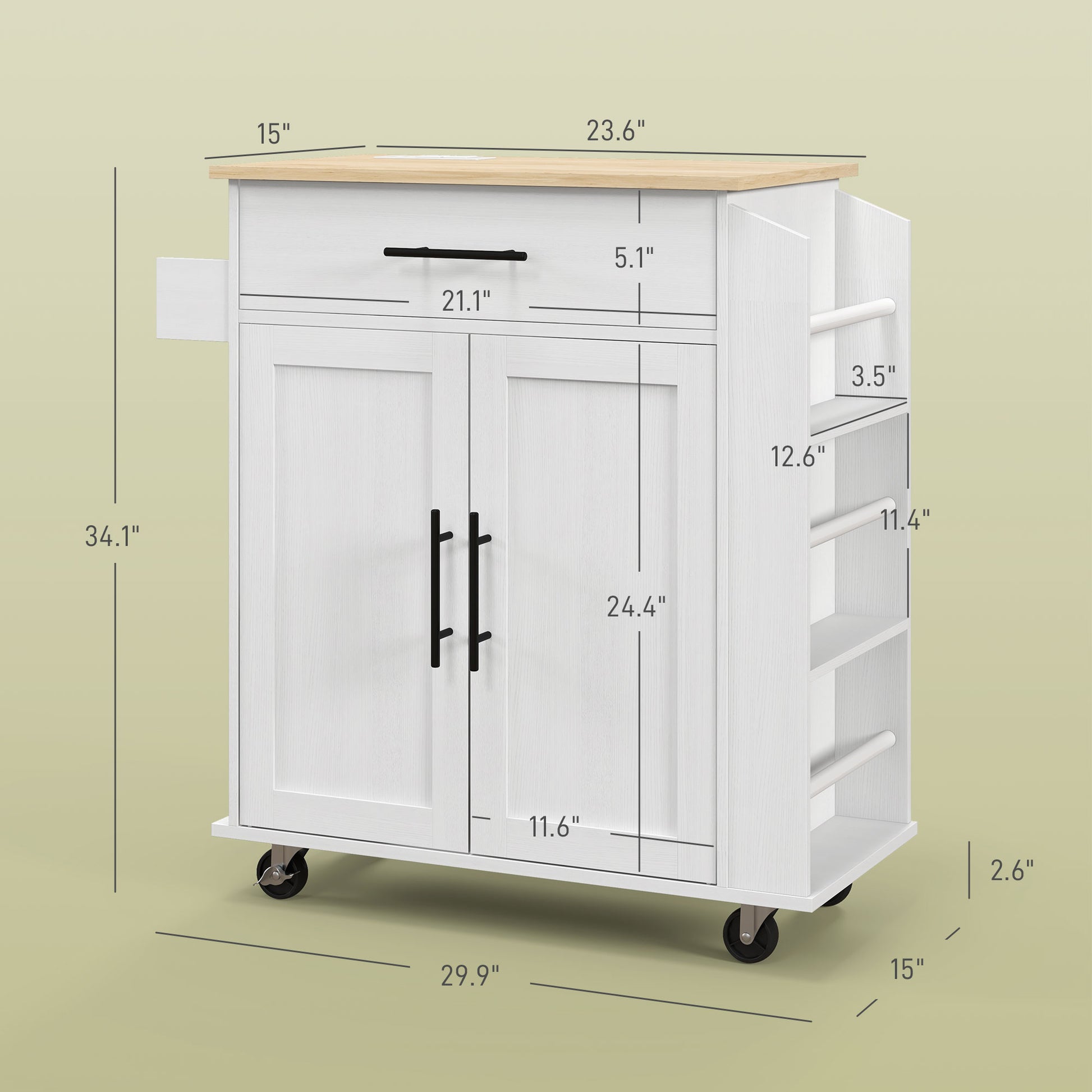 White kitchen island cart with butcher block top and black hardware Versatile cart