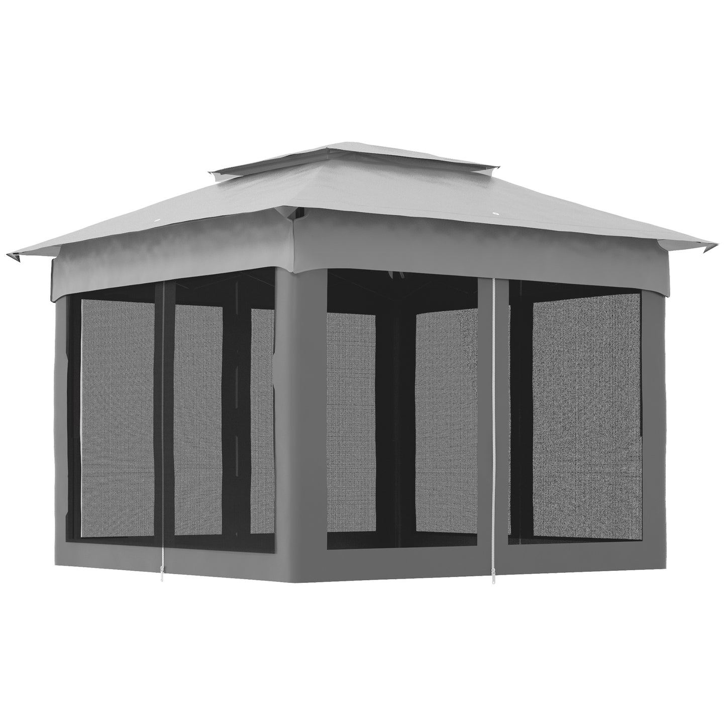 Gray screened gazebo with a doubletiered roof for outdoor gatherings
