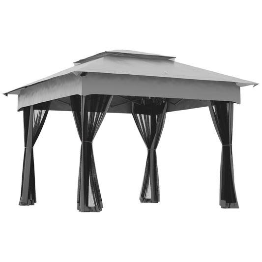 Gray outdoor gazebo with black mesh netting curtains ideal for patios