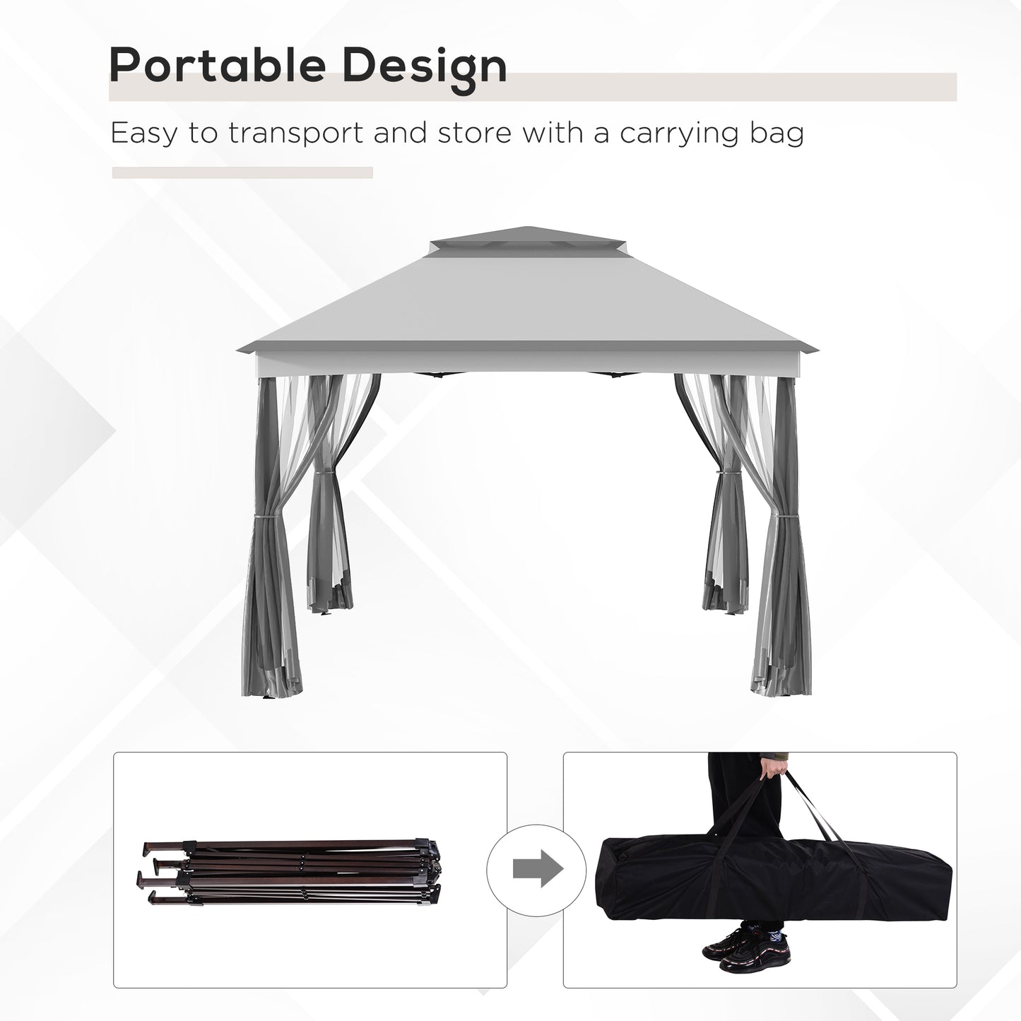 Gray outdoor canopy tent with sheer curtains ideal for patio events