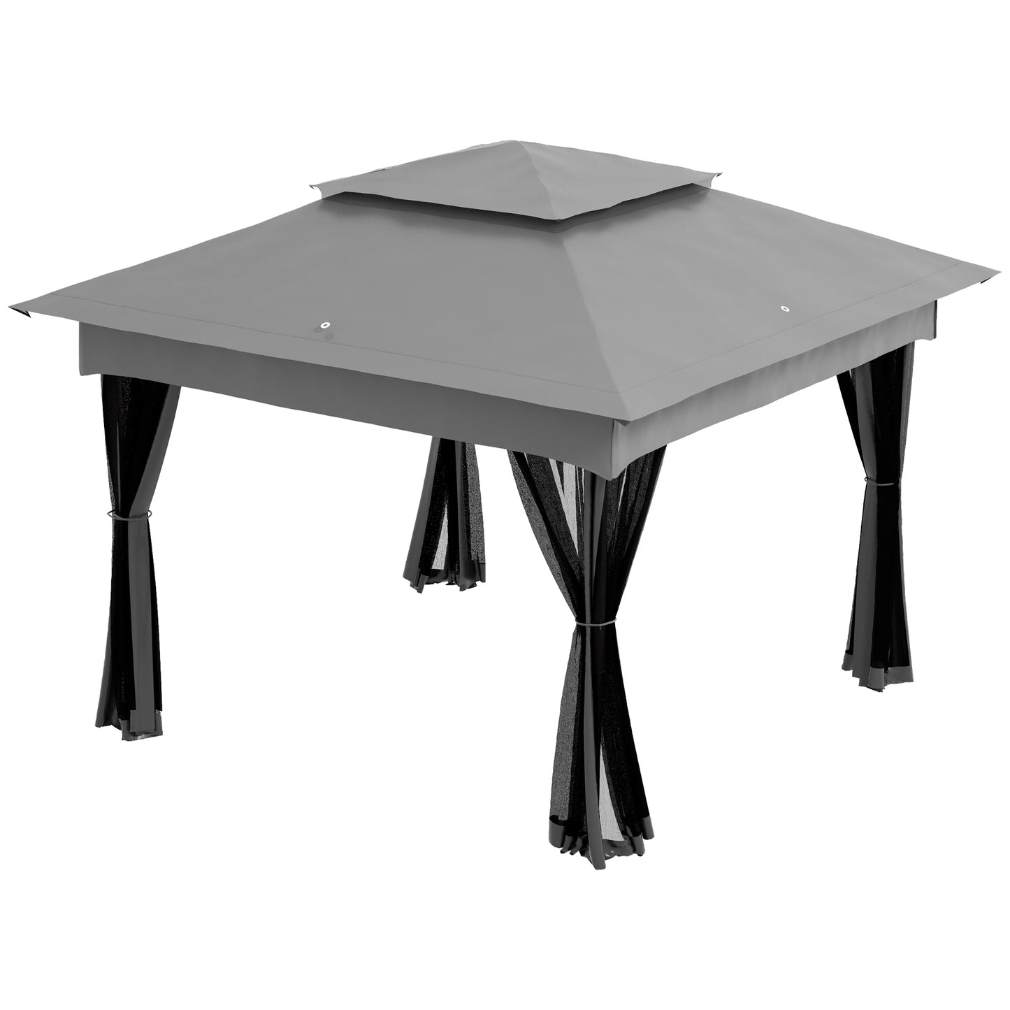 Gray metal gazebo with doubletiered roof and black mesh curtains