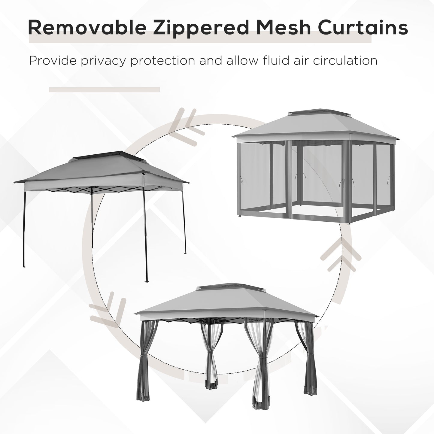 Grey popup canopy tent with open sides and black metal frame