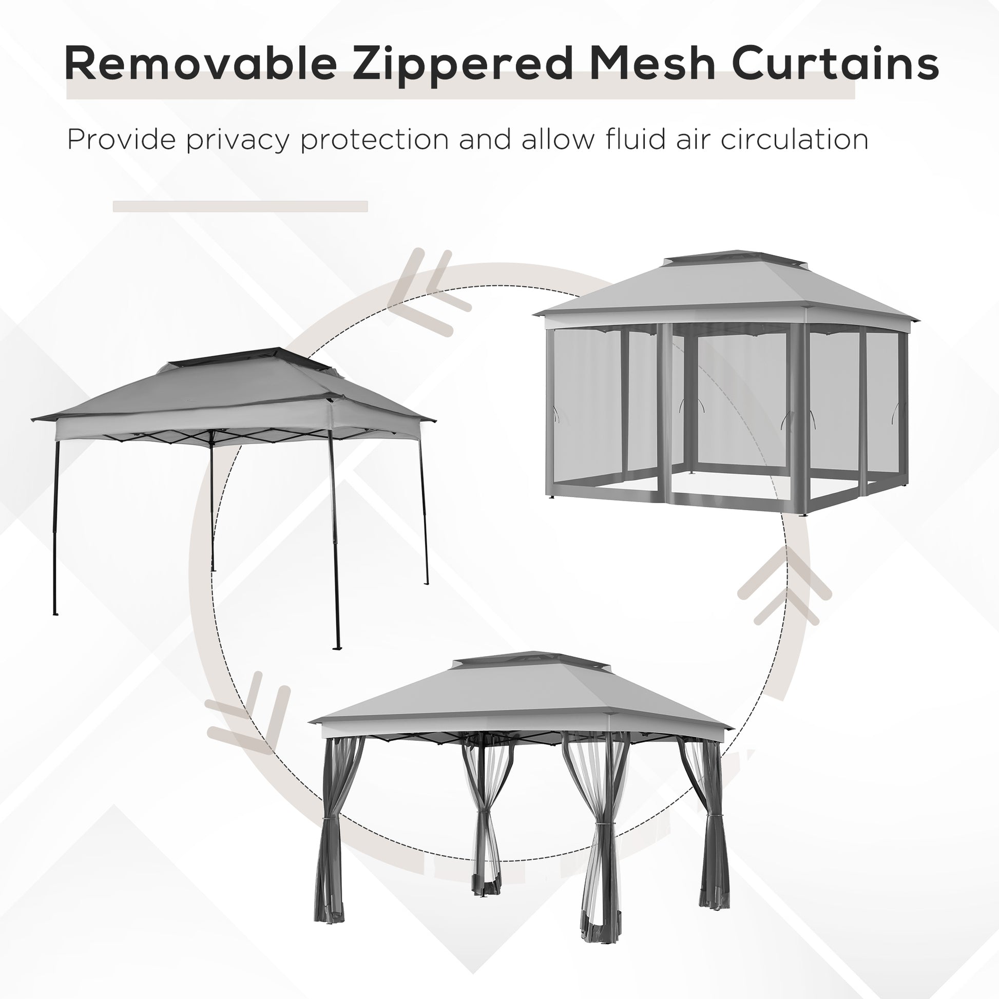 Grey popup canopy tent with open sides and black metal frame
