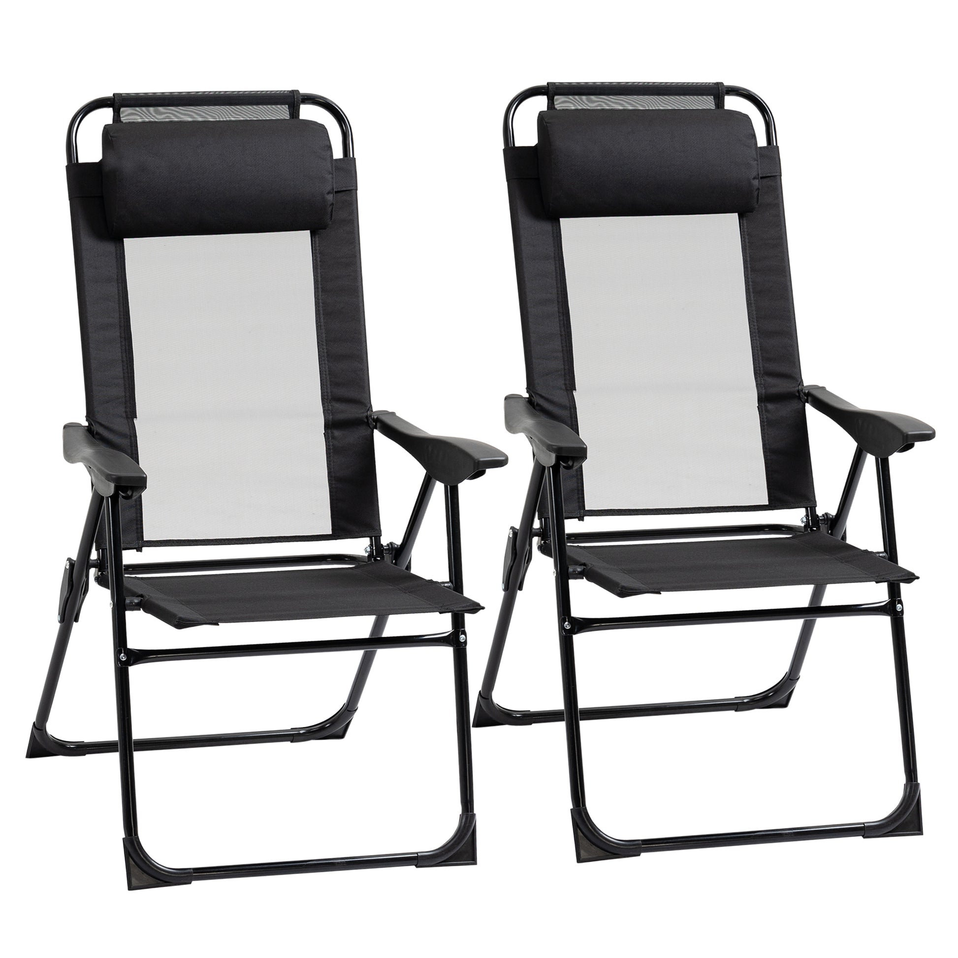 Pair of black folding lounge chairs with adjustable headrests and mesh panels for outdoor relaxation