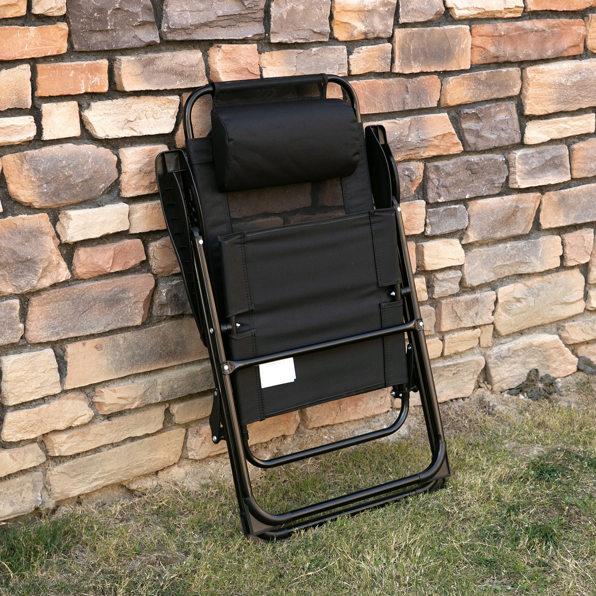 Black folding recliner chair with padded headrest and durable fabric seat