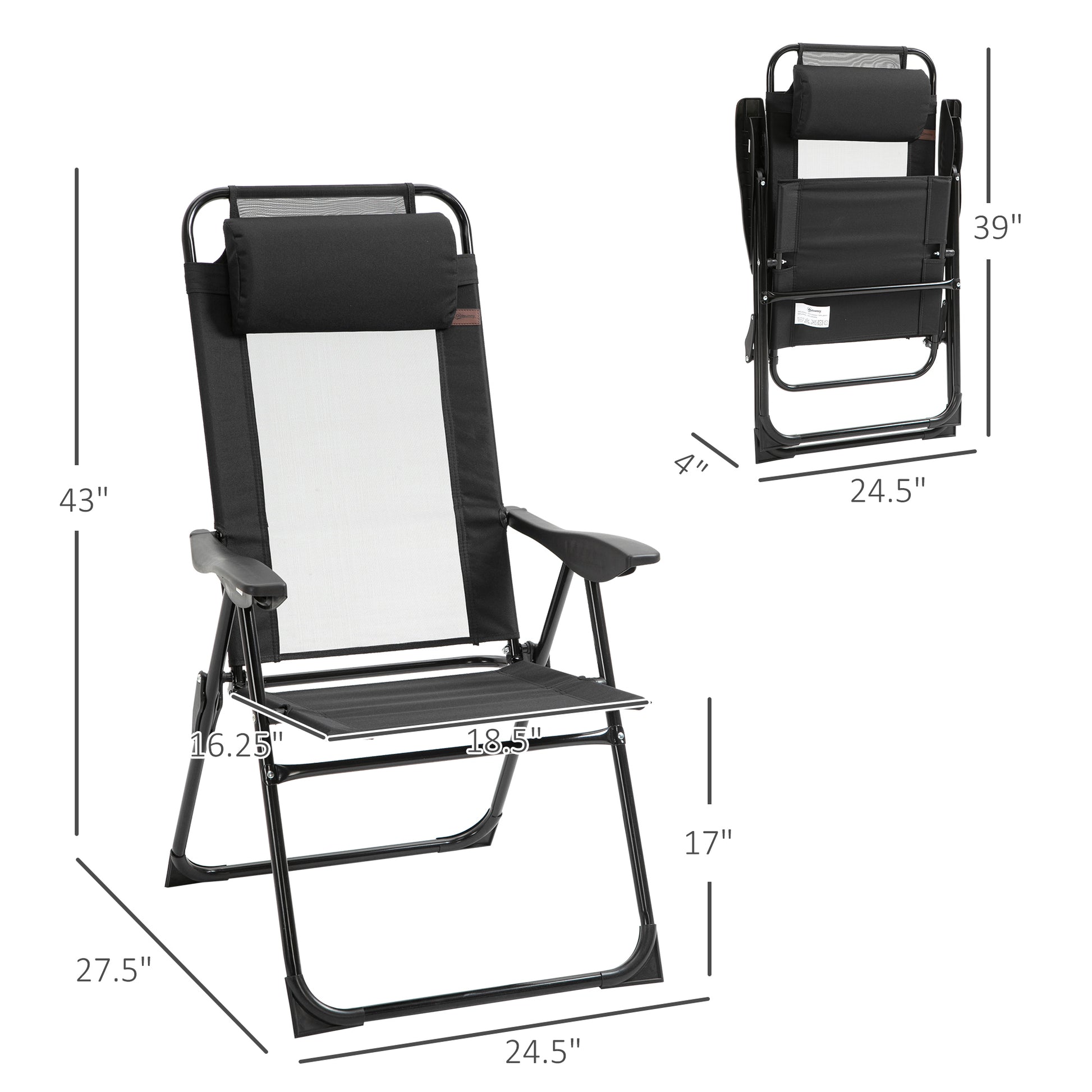 Black folding lounge chair with adjustable headrest and armrests for outdoor relaxation
