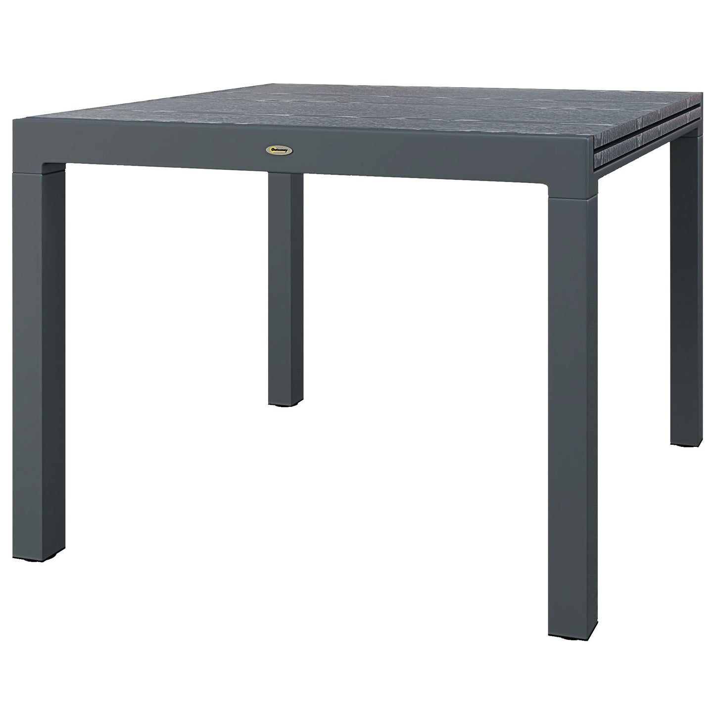 Grey aluminum outdoor square table with textured woodeffect top  characters
