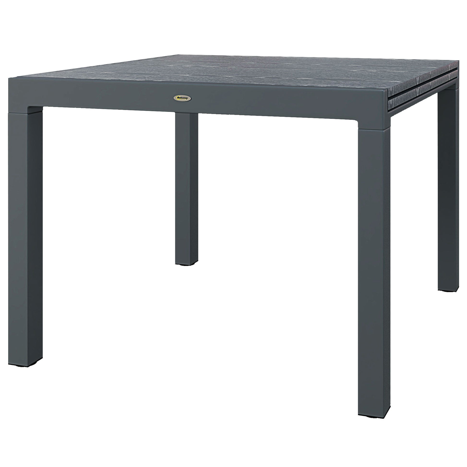 Grey aluminum outdoor square table with textured woodeffect top  characters