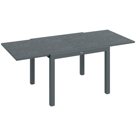 Dark grey extendable outdoor dining table with faux wood finish