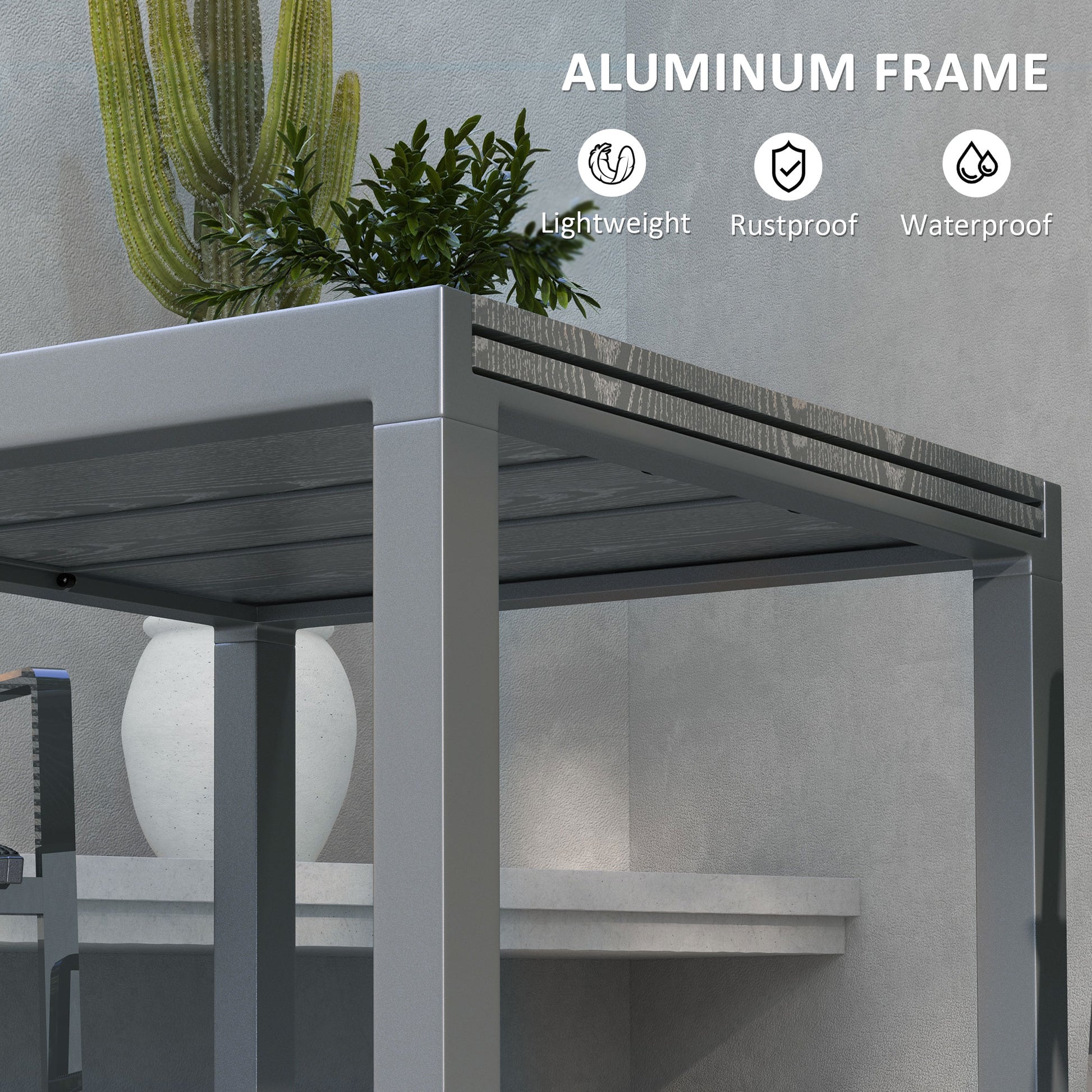 Modern outdoor side table with gray aluminum frame and woodgrain composite top