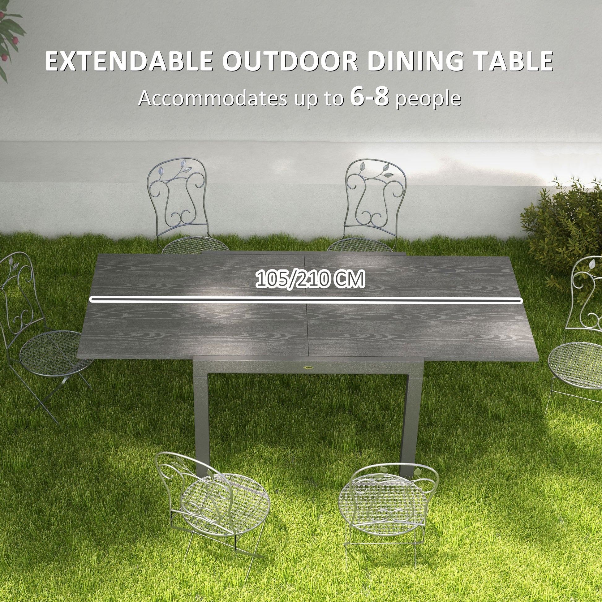Extendable outdoor dining table in dark grey wood effect with metal legs seats  people