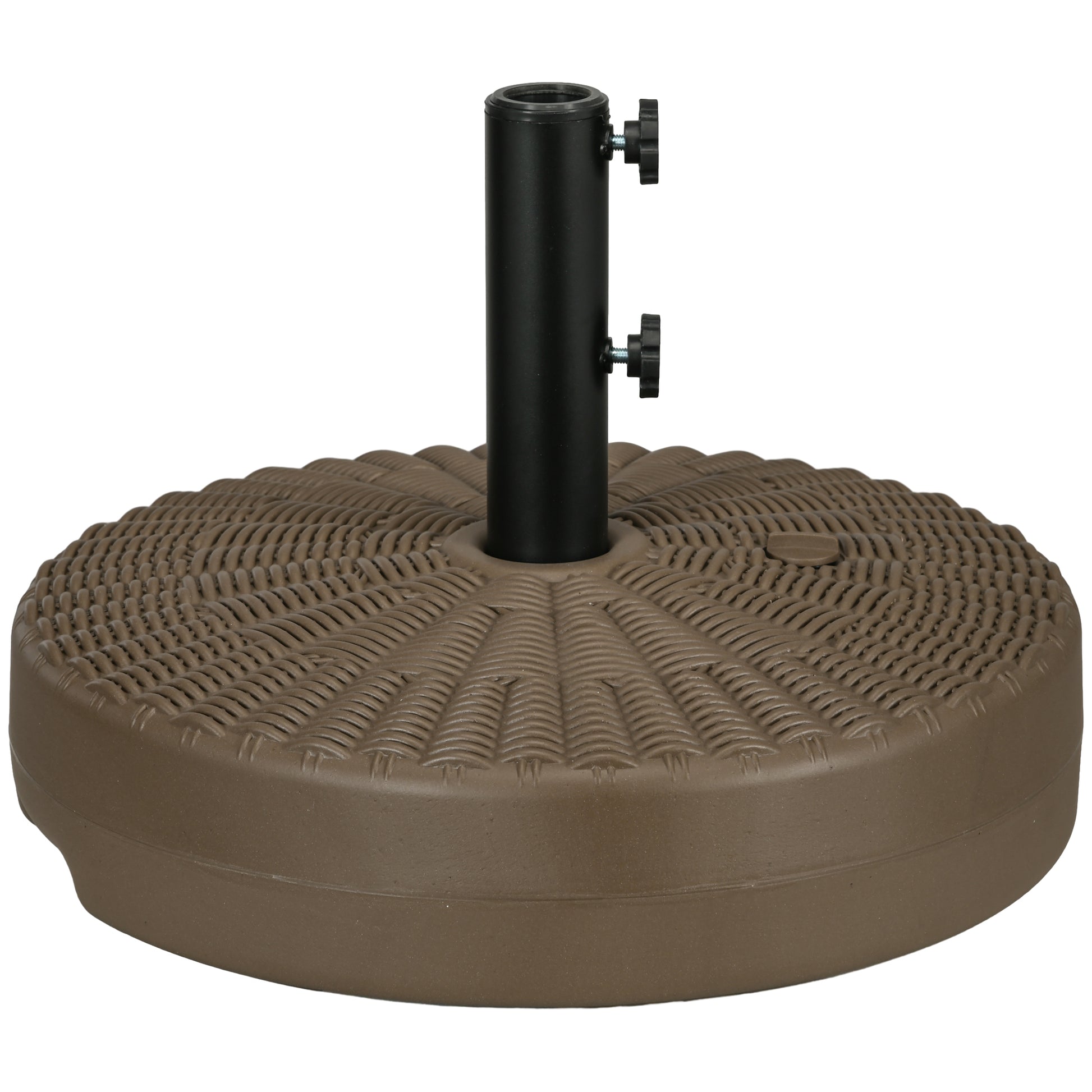 Brown rattanstyle patio umbrella base with black pole and locking knobs for outdoor stability