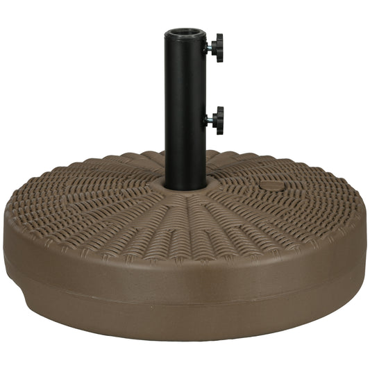 Brown rattanstyle patio umbrella base with black pole and locking knobs for outdoor stability