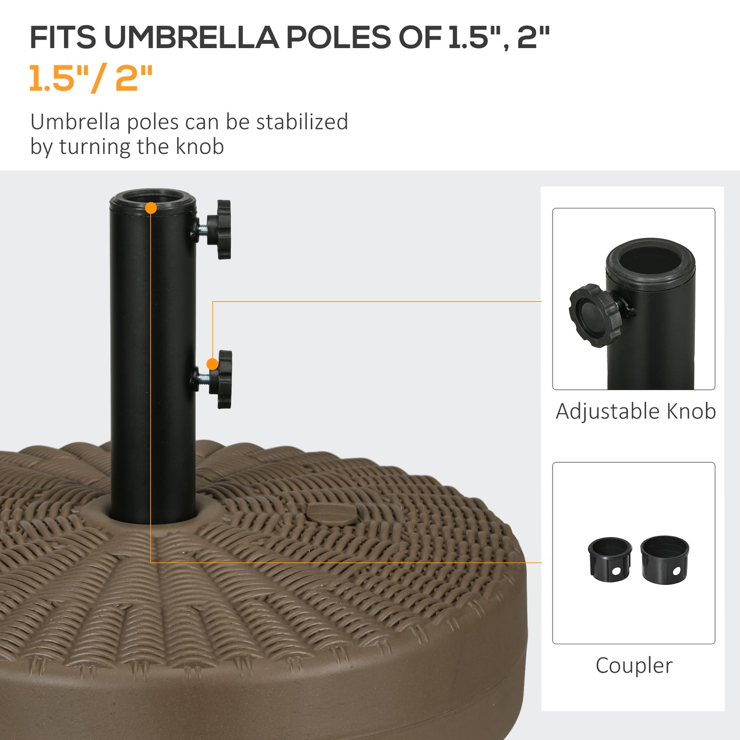 Brown resin umbrella base with woven texture features adjustable knob for  or  pole