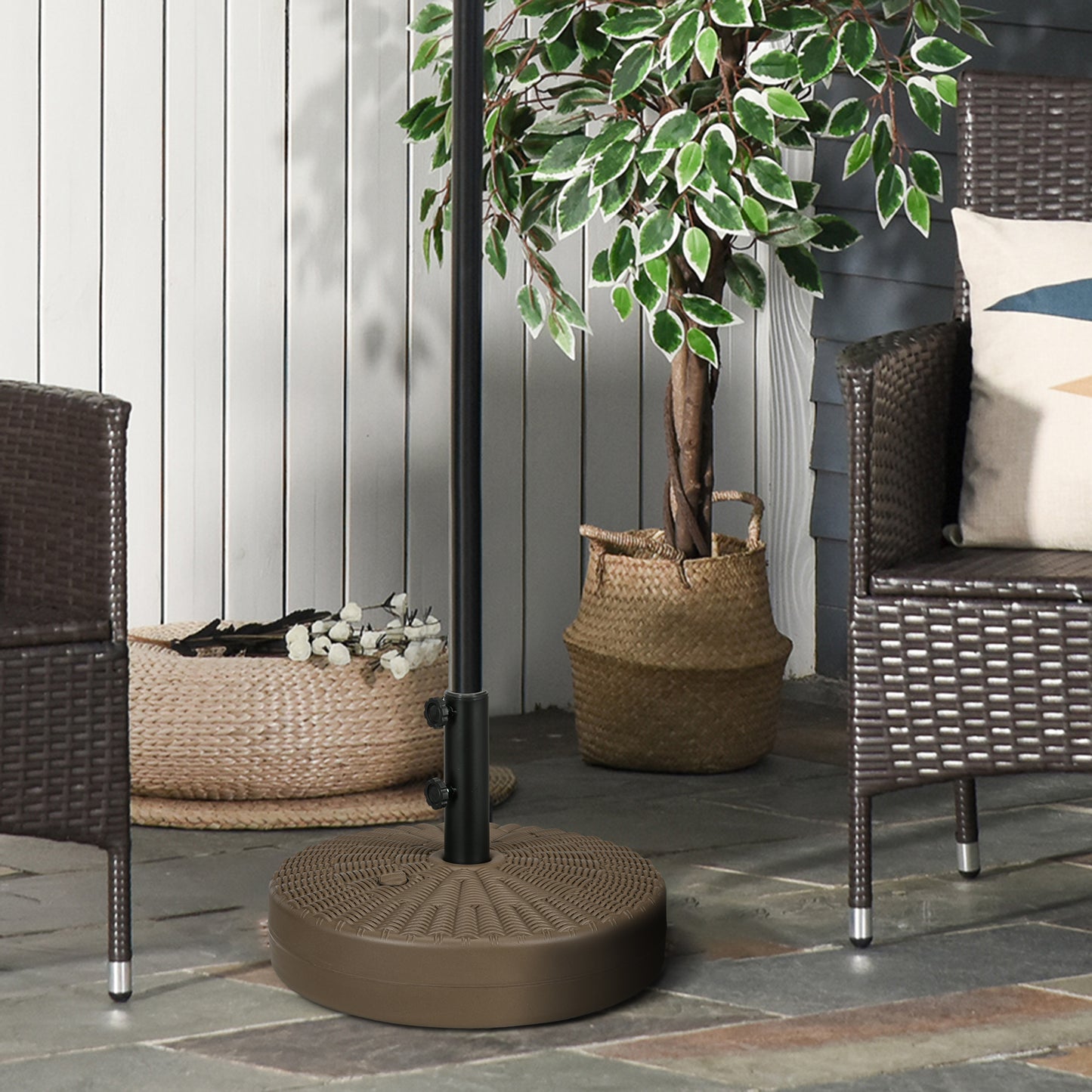 Round brown patio umbrella base with a textured woven pattern