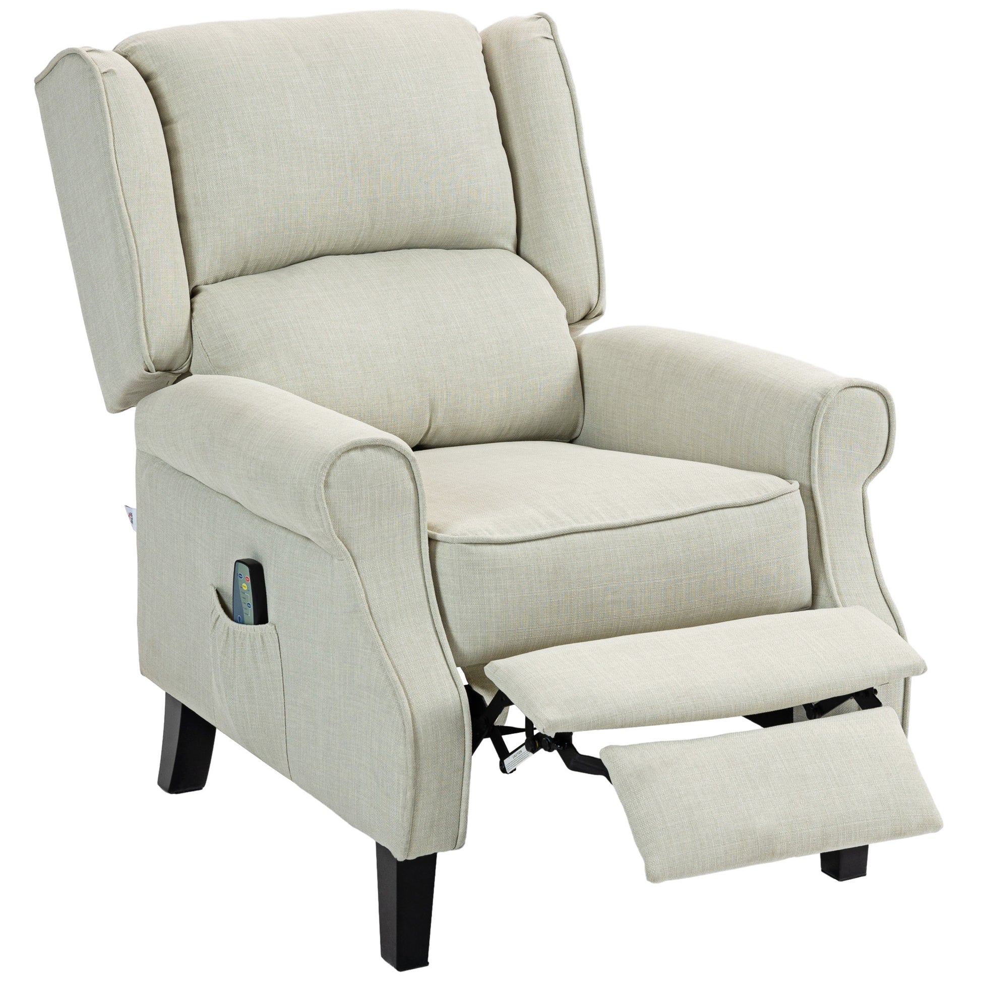 Light beige fabric recliner chair with extended footrest and side pocket for remote
