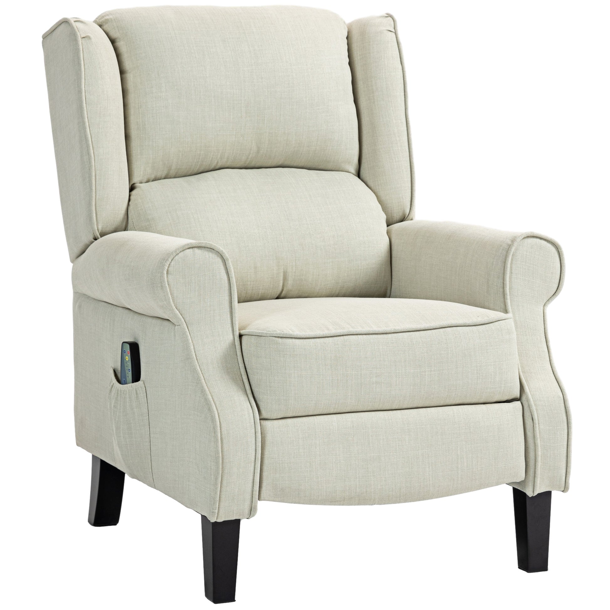 Comfortable beige recliner chair with convenient side pocket for remote
