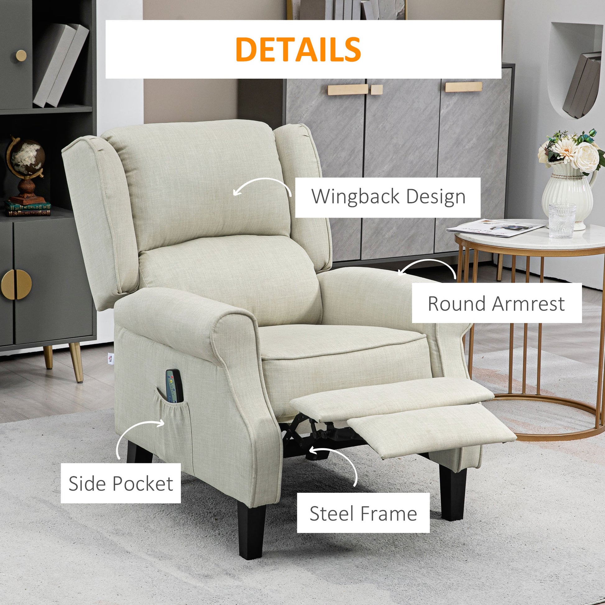 Beige upholstered recliner chair with wingback design and side pocket