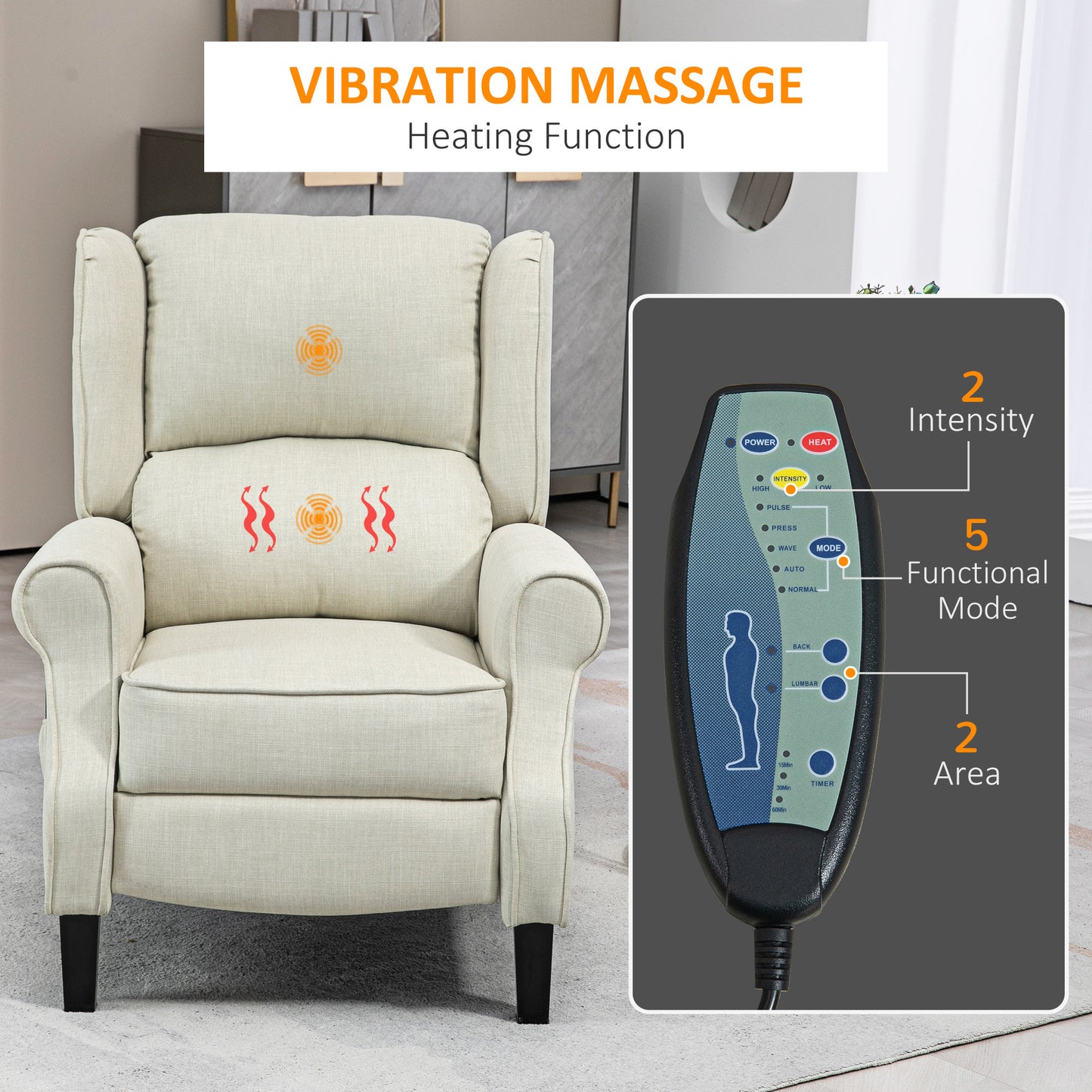 Cream fabric massage recliner chair with heating function and remote control