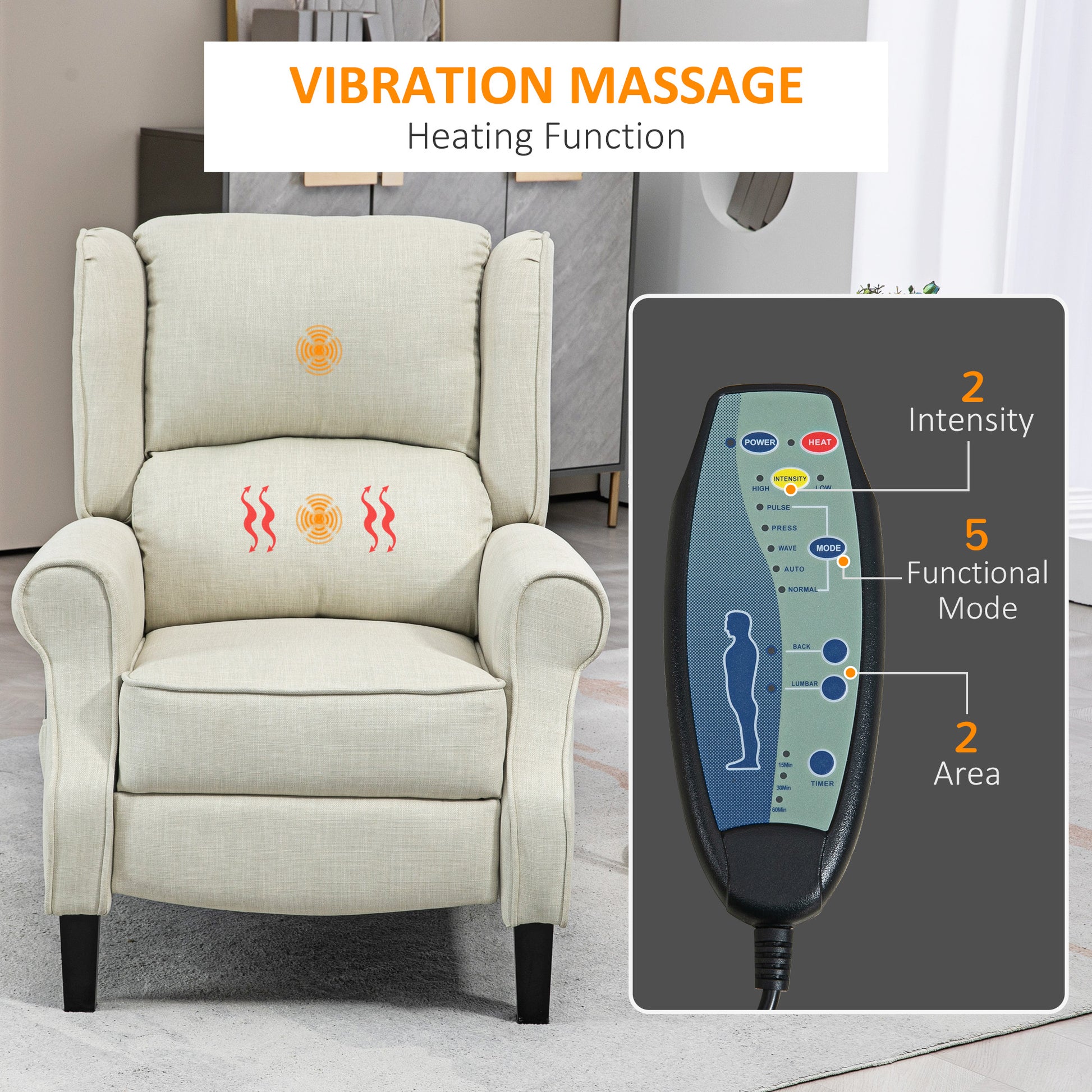 Cream fabric massage recliner chair with heating function and remote control