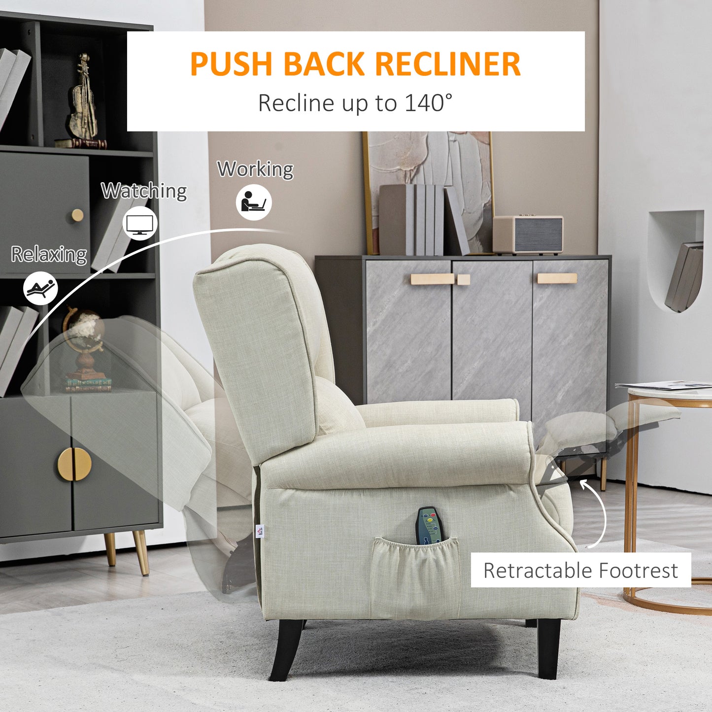Cream fabric push back recliner with retractable footrest and side pocket
