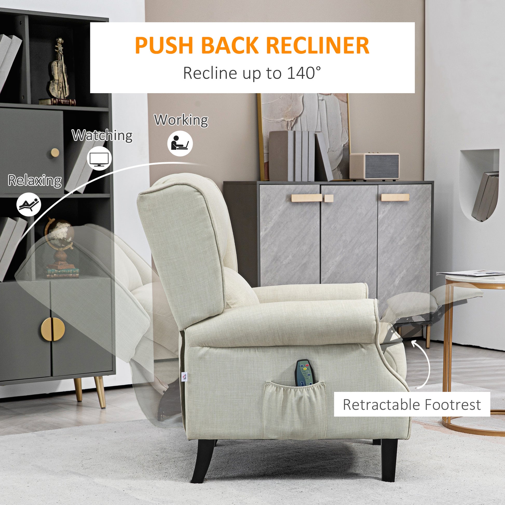 Cream fabric push back recliner with retractable footrest and side pocket