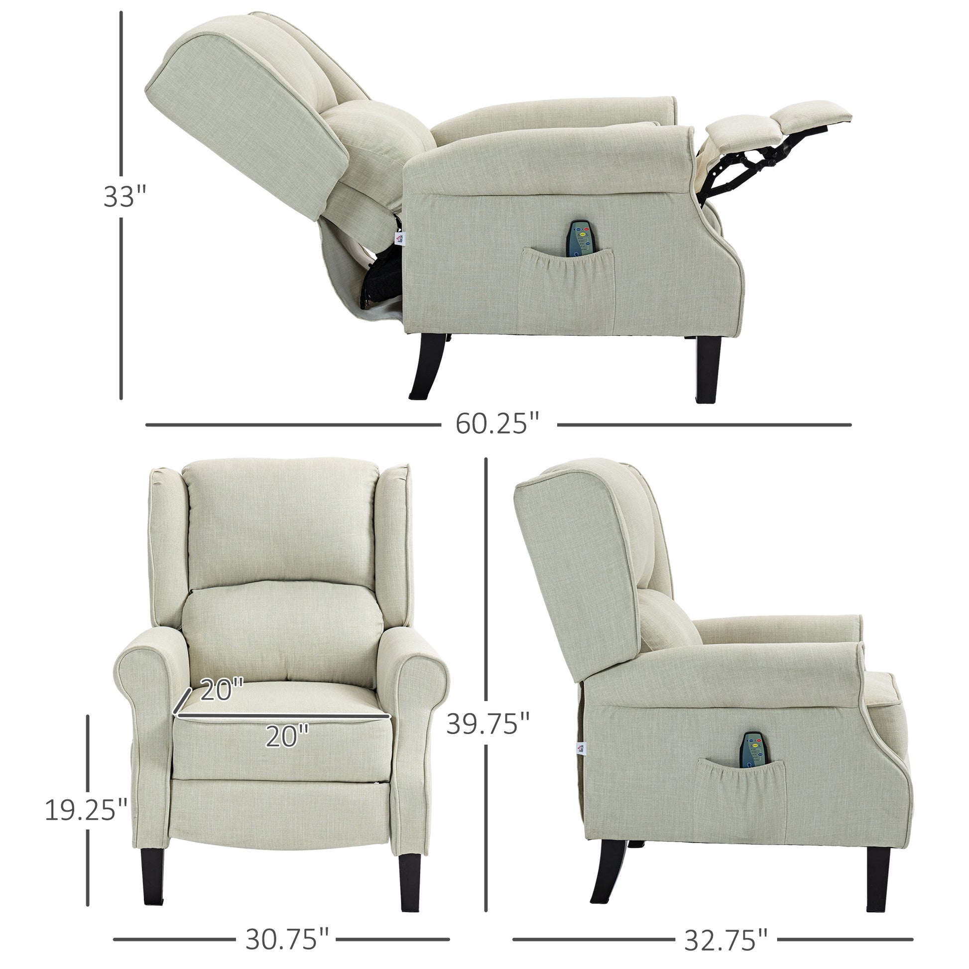Light beige fabric recliner chair with side pocket and remote