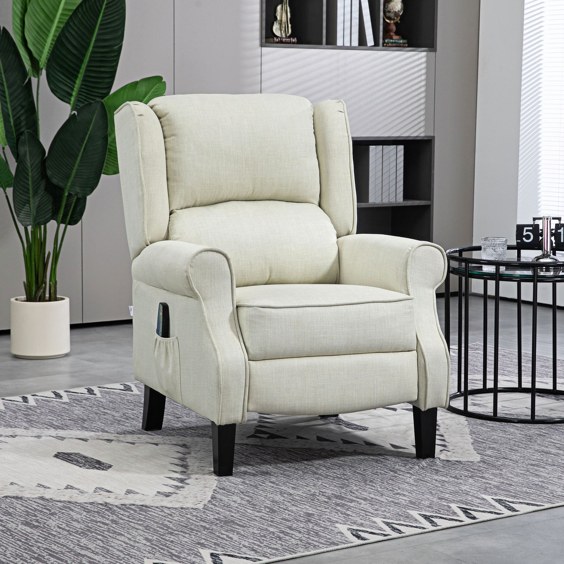 Cream linen recliner chair with side pocket for remote control