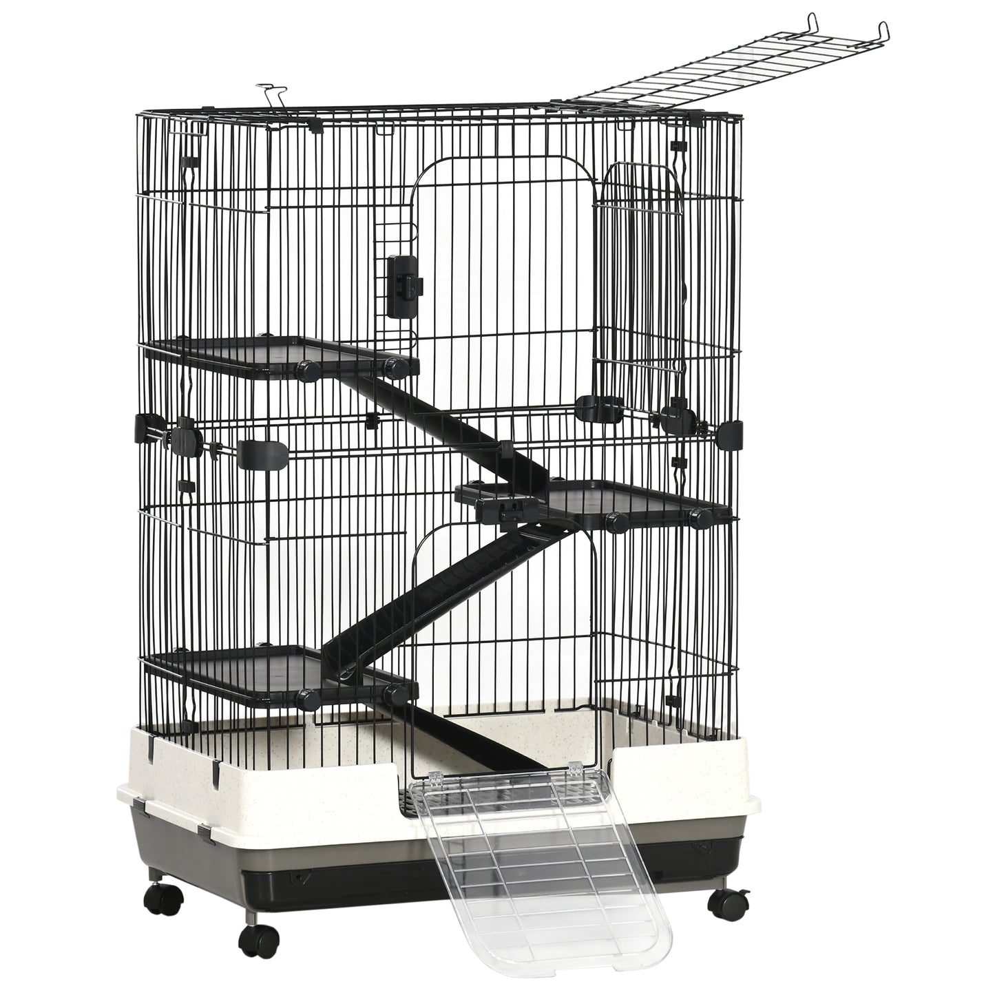 Black wire multilevel hamster cage with ramps and clear plastic base