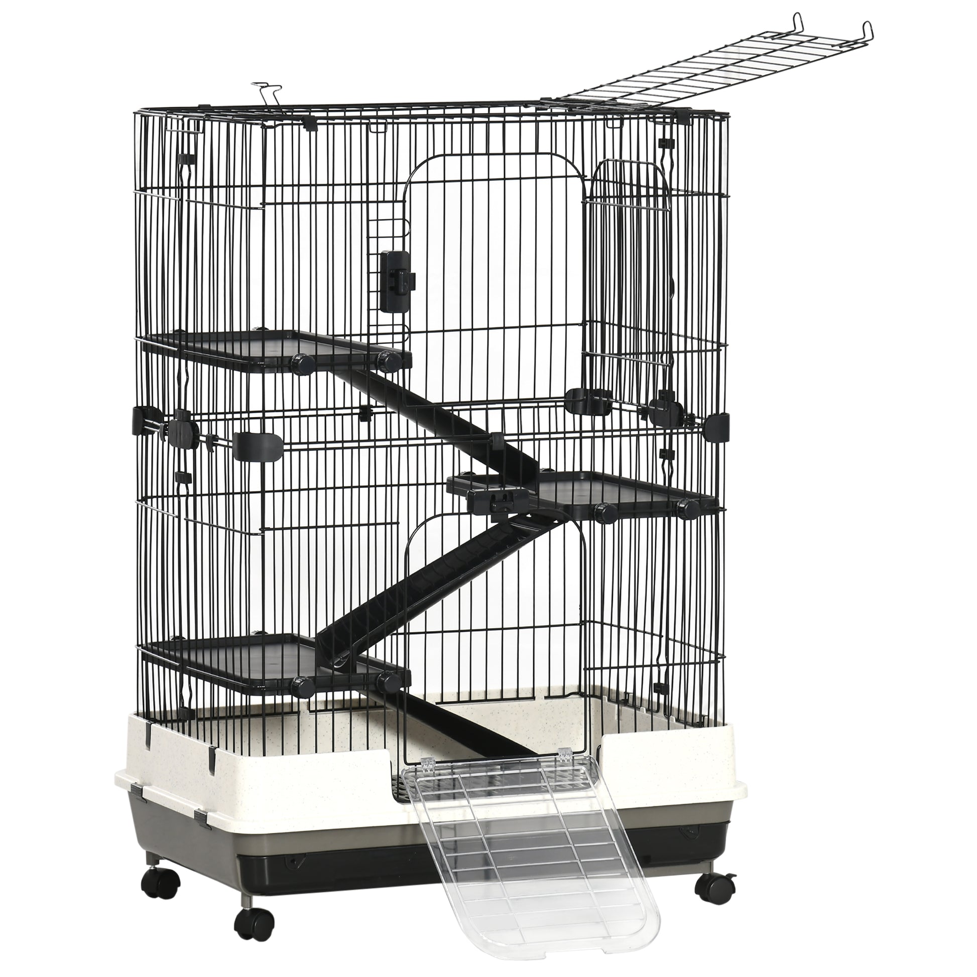 Black wire multilevel hamster cage with ramps and clear plastic base