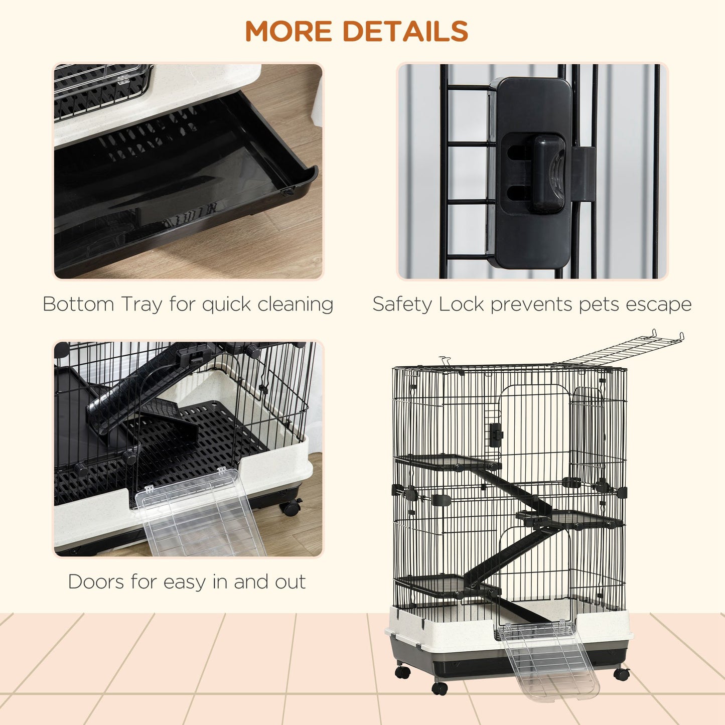 Black sliding bottom tray for easy cleaning of small animal cages