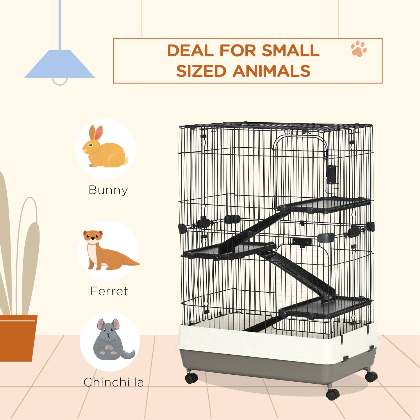 Tall black metal critter cage with multiple levels ideal for small animal pets