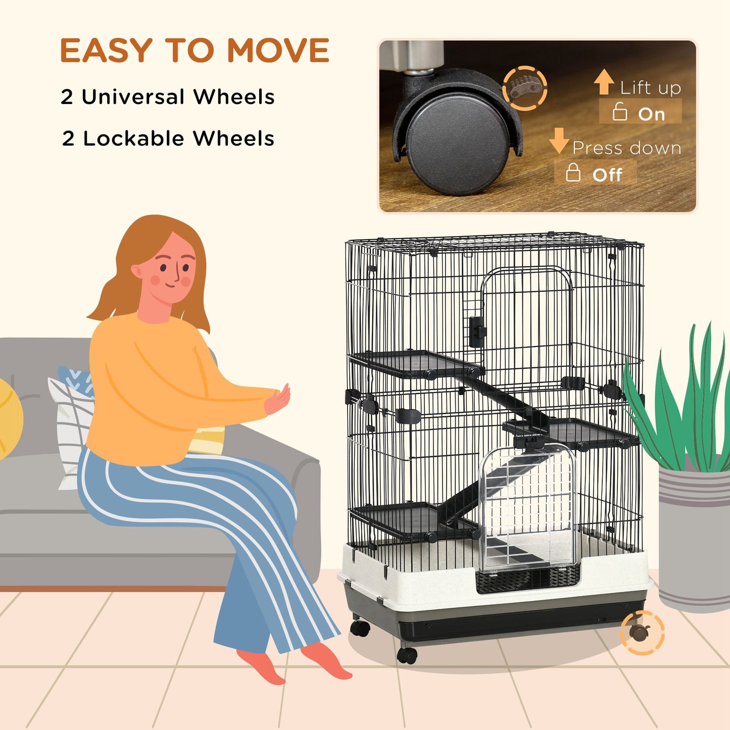 Black metal pet cage with three platforms and ramps featuring easyroll casters