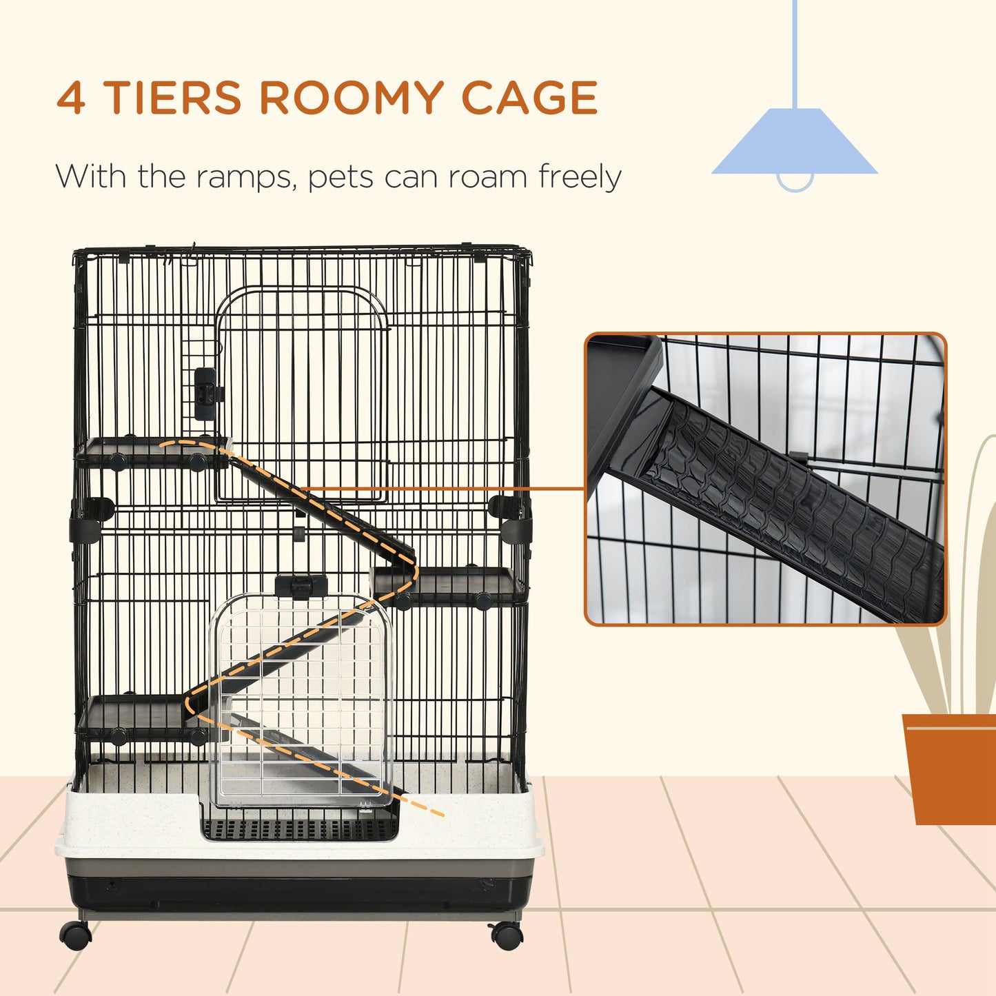 Black wire pet cage with  tiers and ramps for ample space and mobility