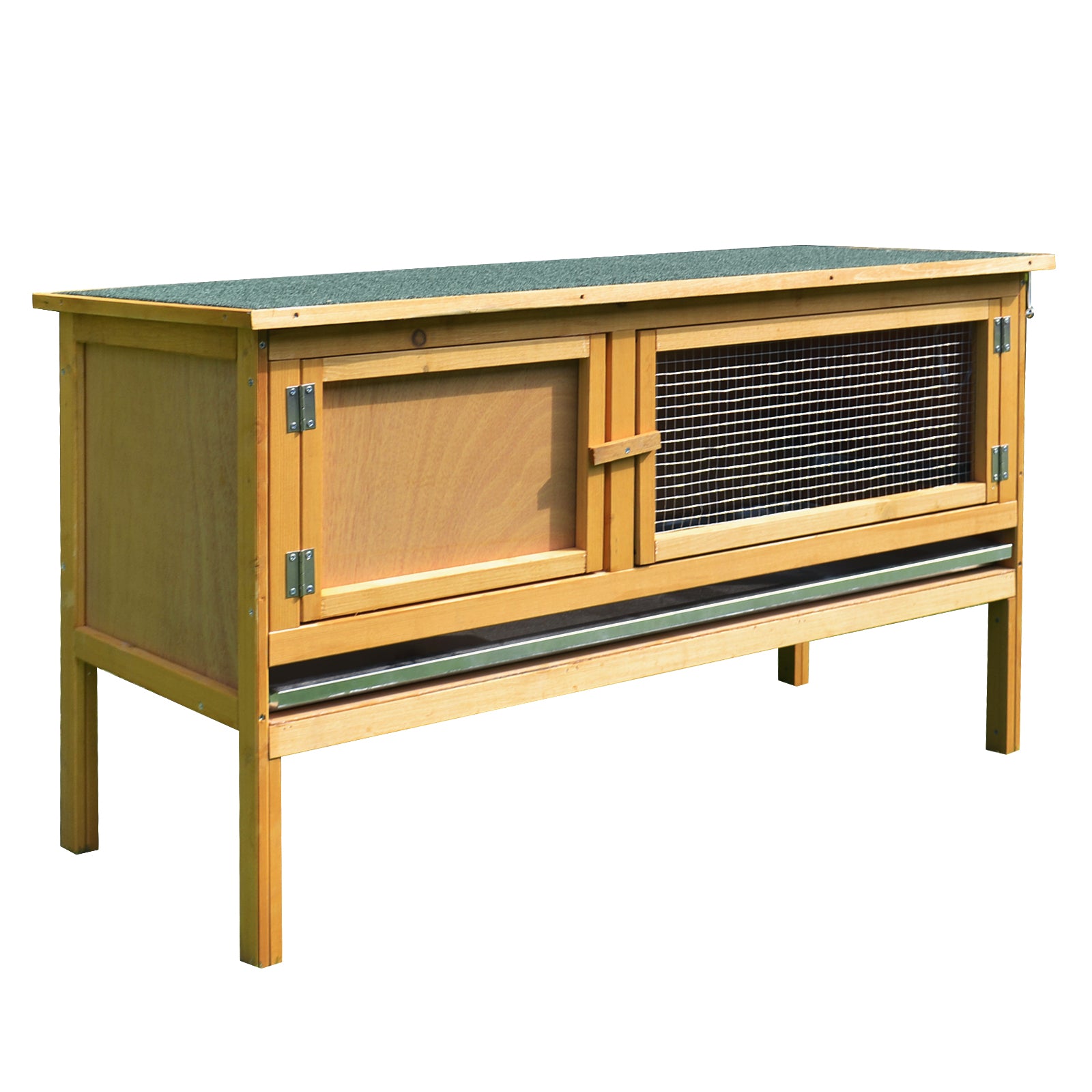 Wooden rabbit hutch with metal tray and green roof for outdoor use