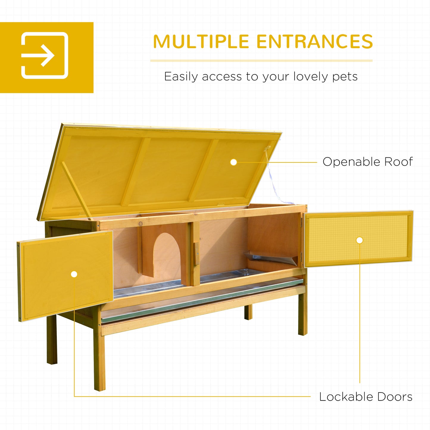 Wooden rabbit hutch with openable roof and lockable doors for easy pet access