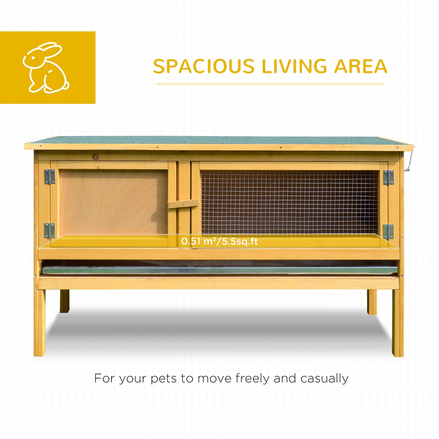 Wooden rabbit hutch with green roof and mesh window offering a spacious living area